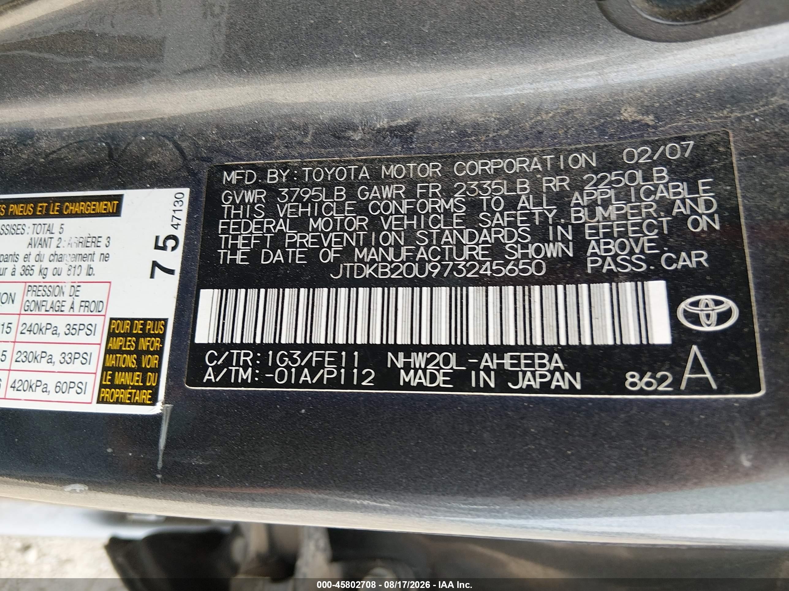 2007 Toyota Prius   Silver vin: JTDKB20U973245650
