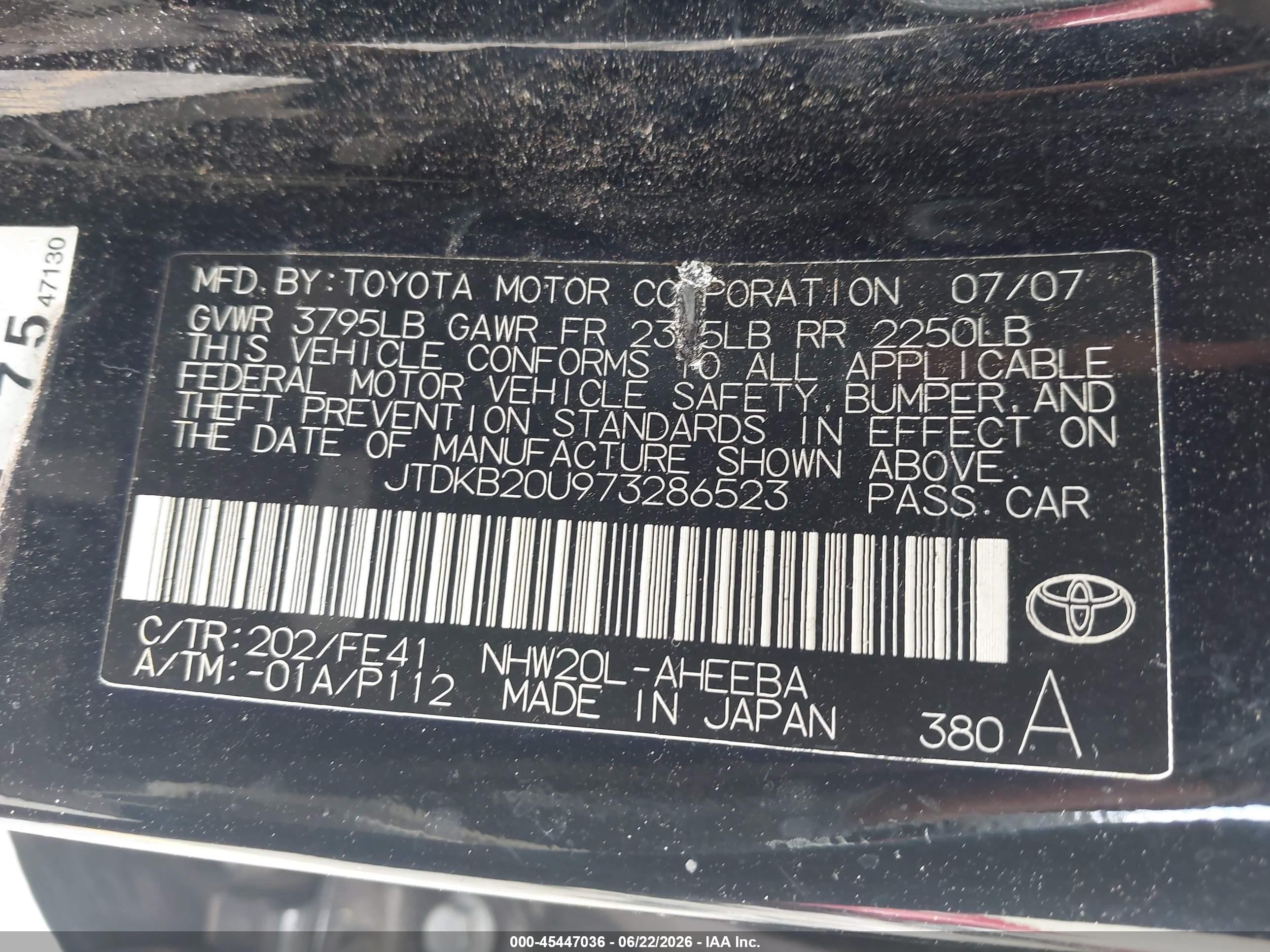 2007 Toyota Prius   Black vin: JTDKB20U973286523