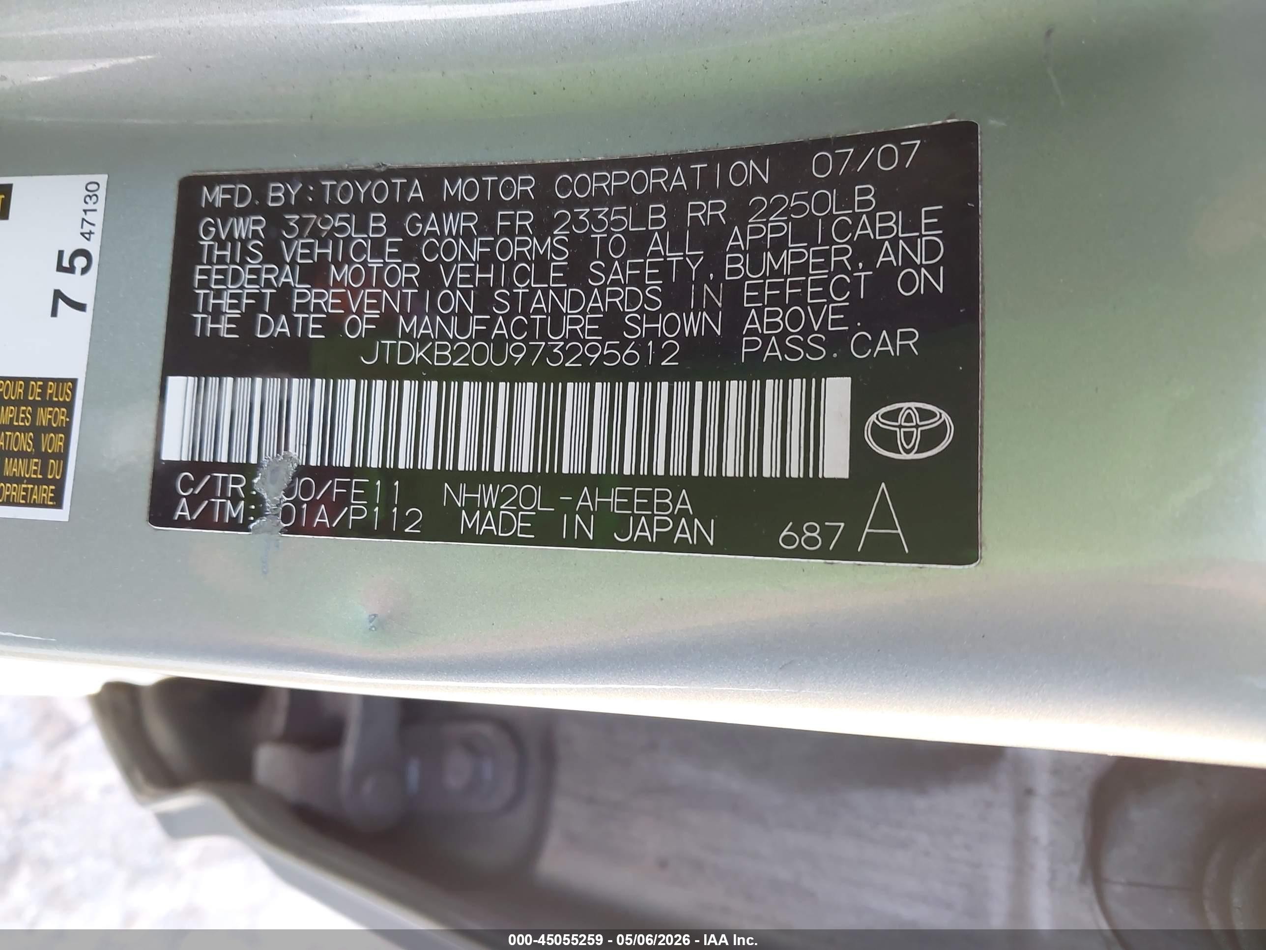 2007 Toyota Prius   Green vin: JTDKB20U973295612