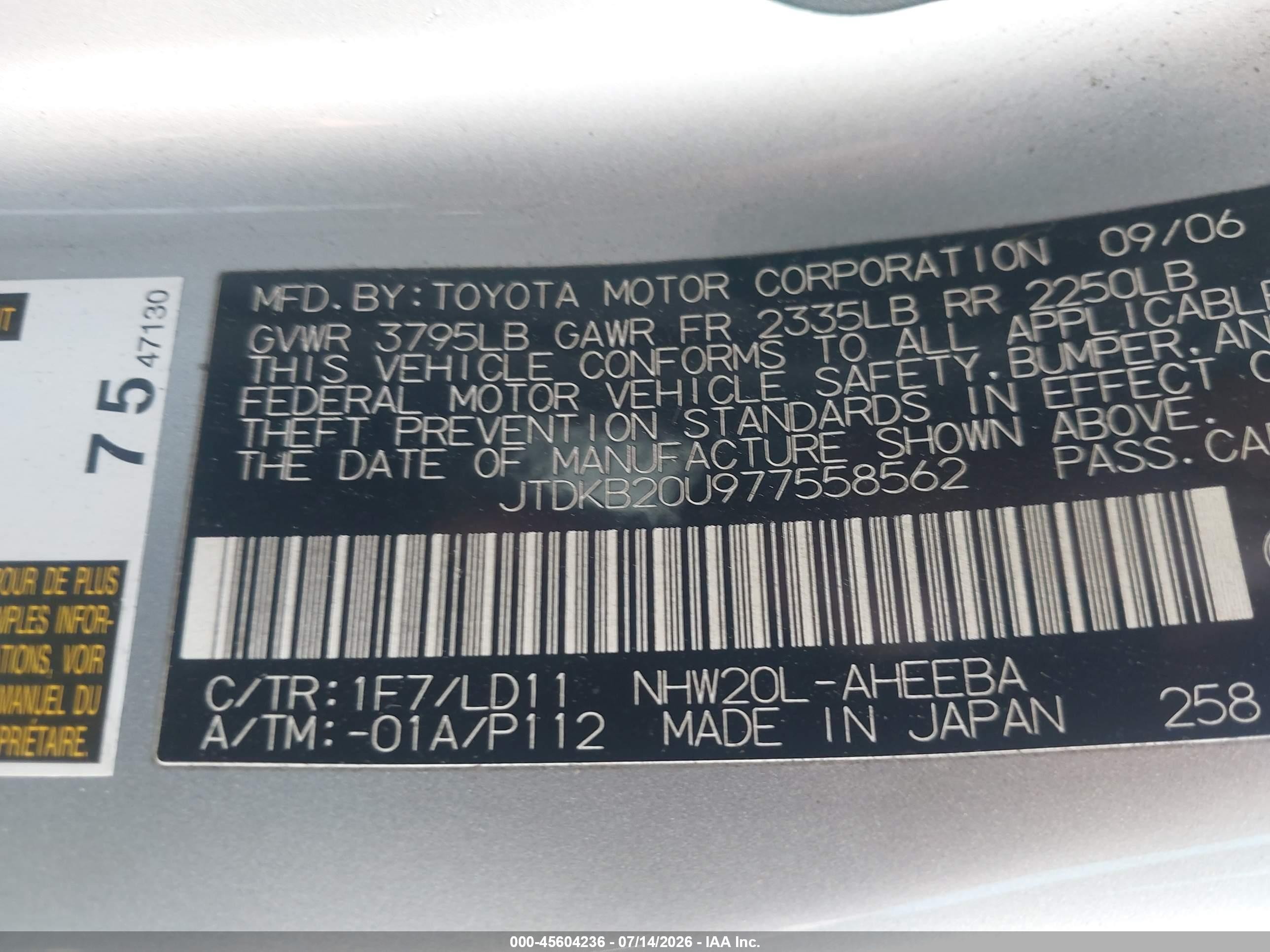 2007 Toyota Prius   Silver vin: JTDKB20U977558562