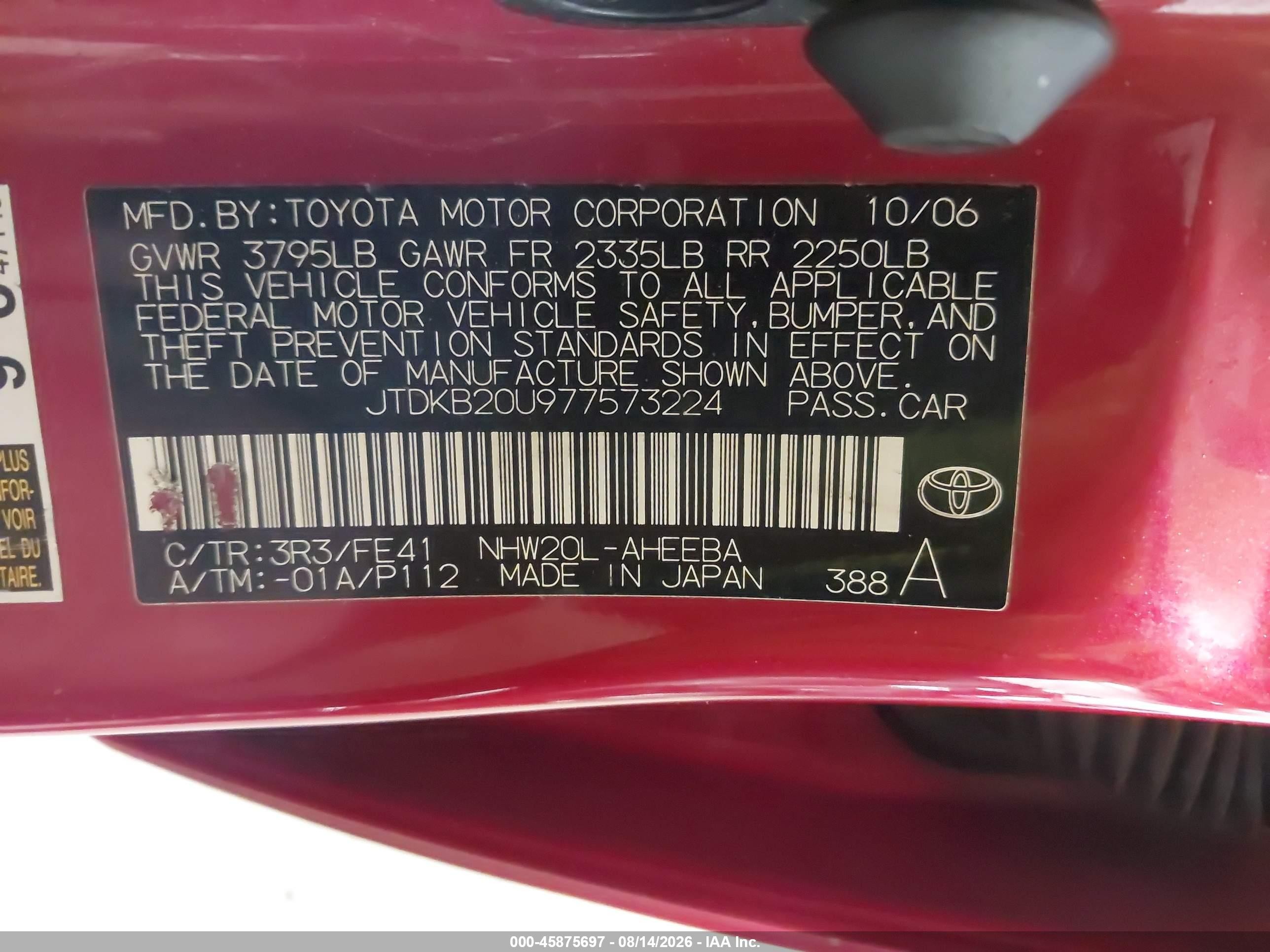 2007 Toyota Prius Touring Red vin: JTDKB20U977573224