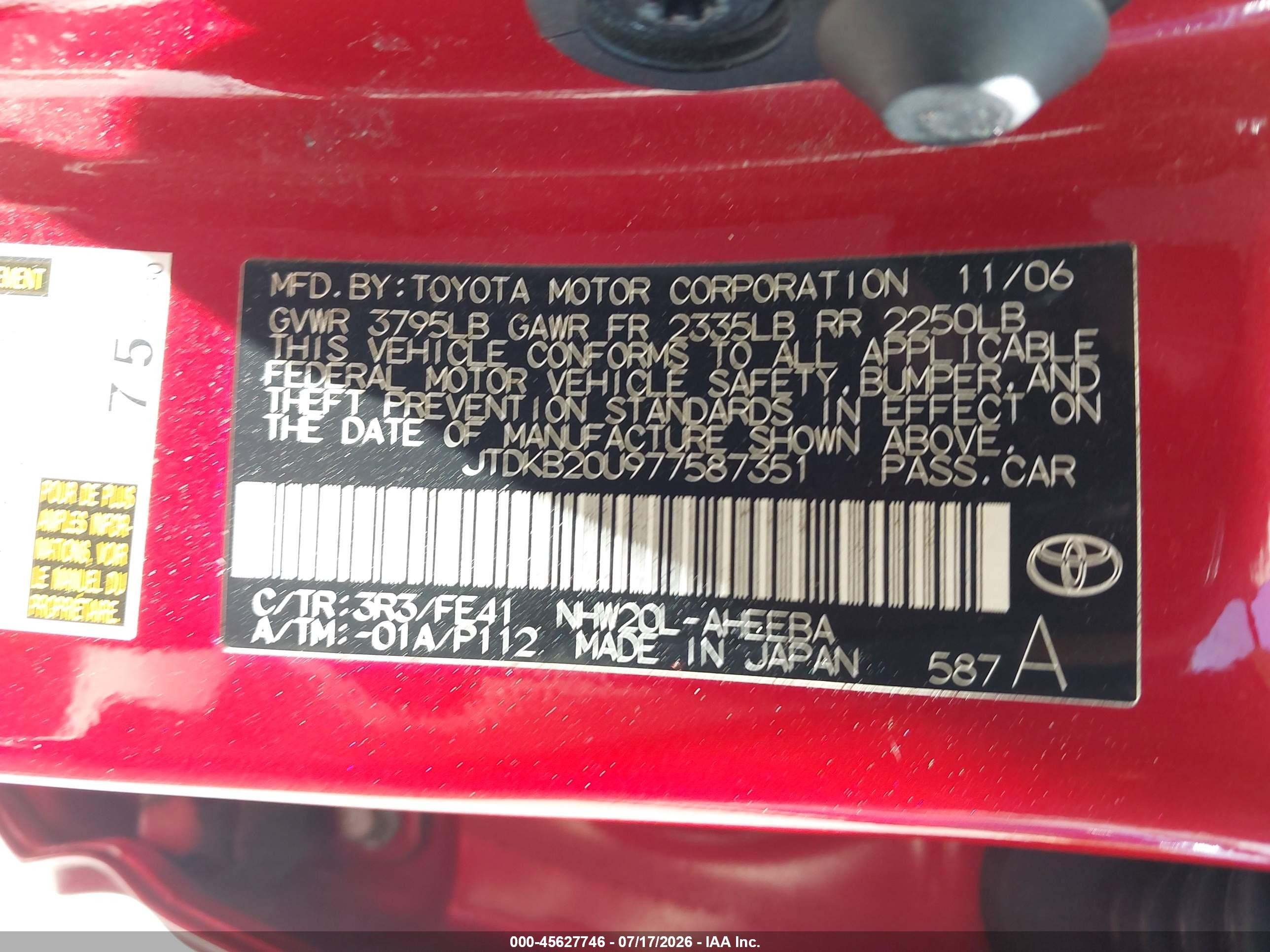 2007 Toyota Prius   Red vin: JTDKB20U977587351