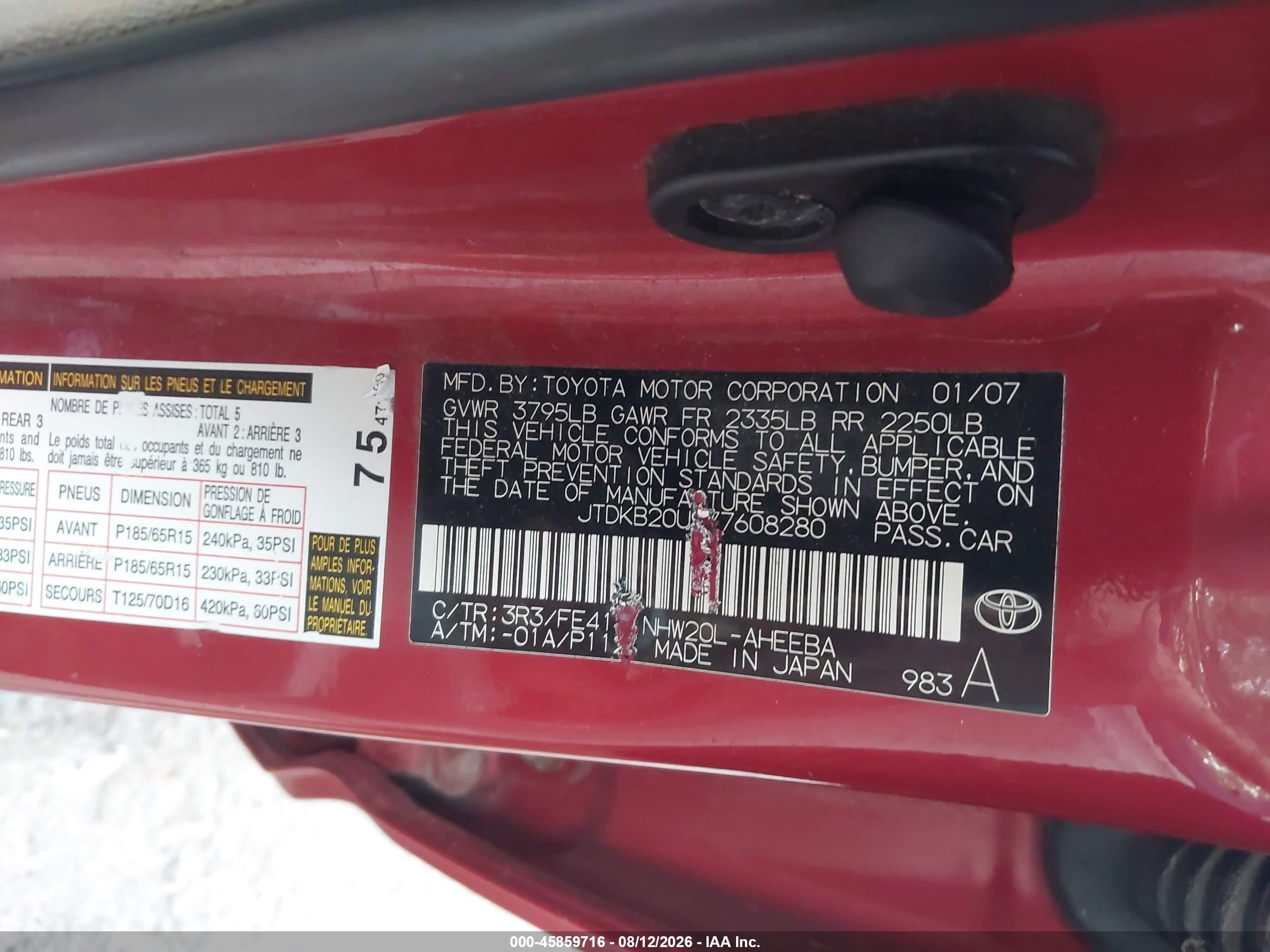 2007 Toyota Prius   Red vin: JTDKB20U977608280