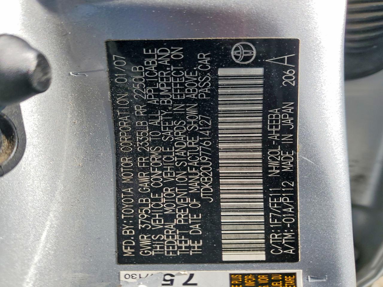 2007 Toyota Prius Base Silver vin: JTDKB20U977614127