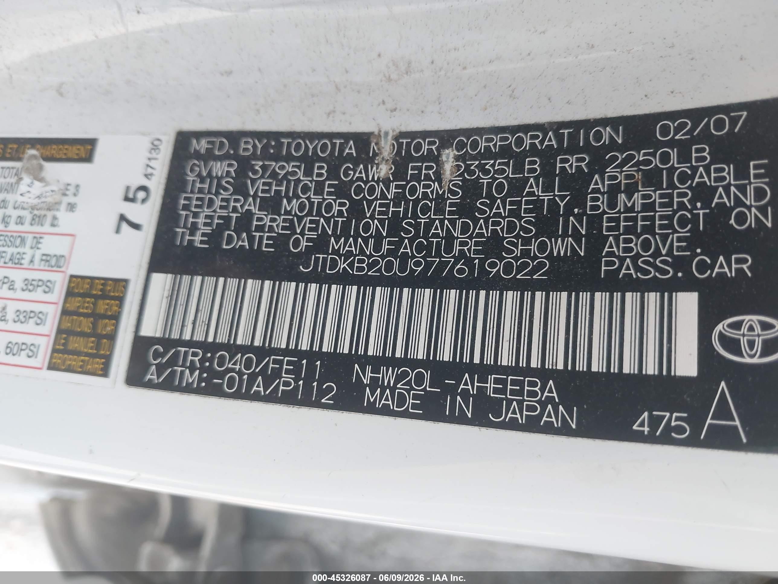 2007 Toyota Prius   White vin: JTDKB20U977619022