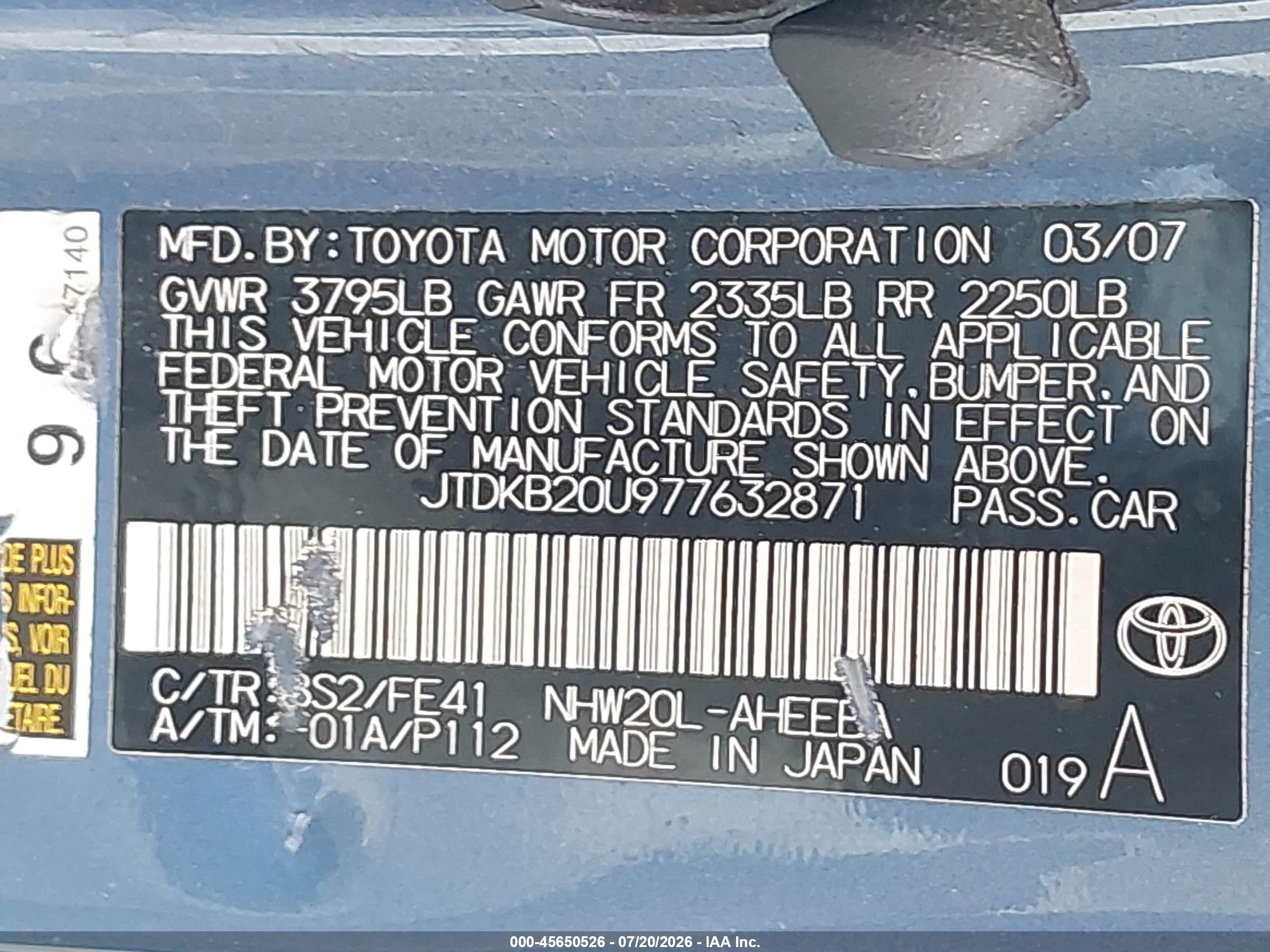 2007 Toyota Prius Touring Blue vin: JTDKB20U977632871
