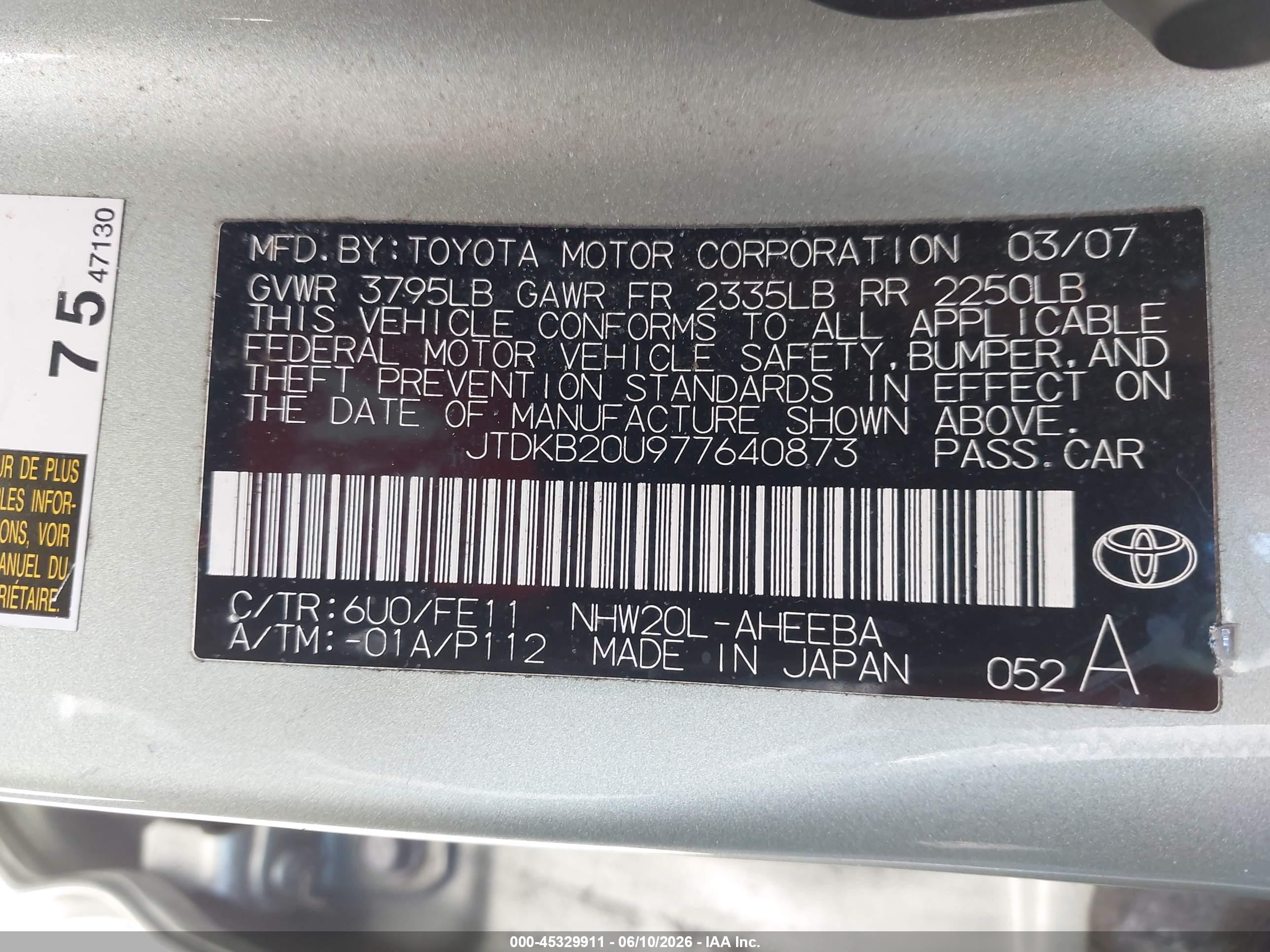 2007 Toyota Prius   Green vin: JTDKB20U977640873