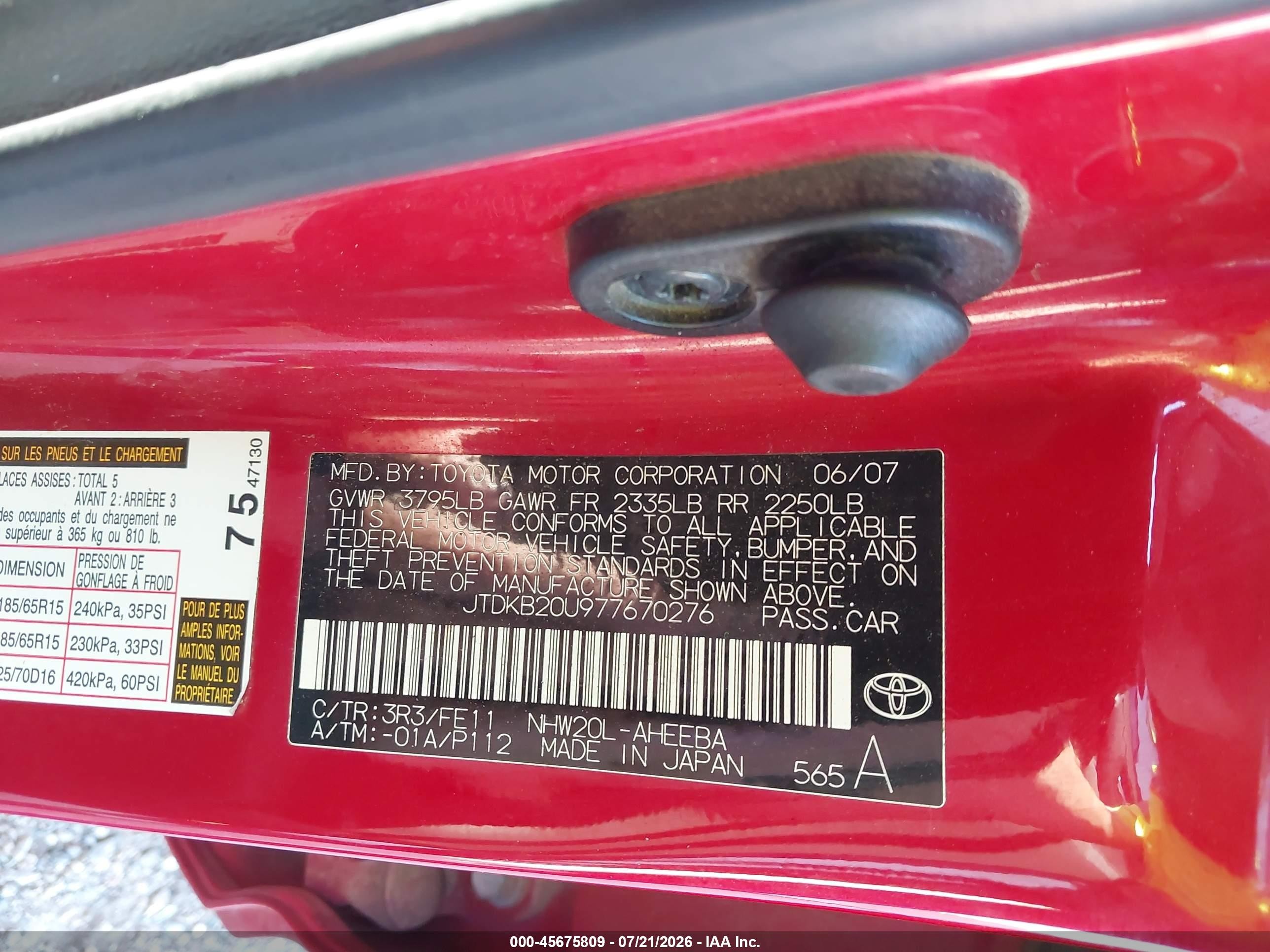 2007 Toyota Prius Red vin: JTDKB20U977670276