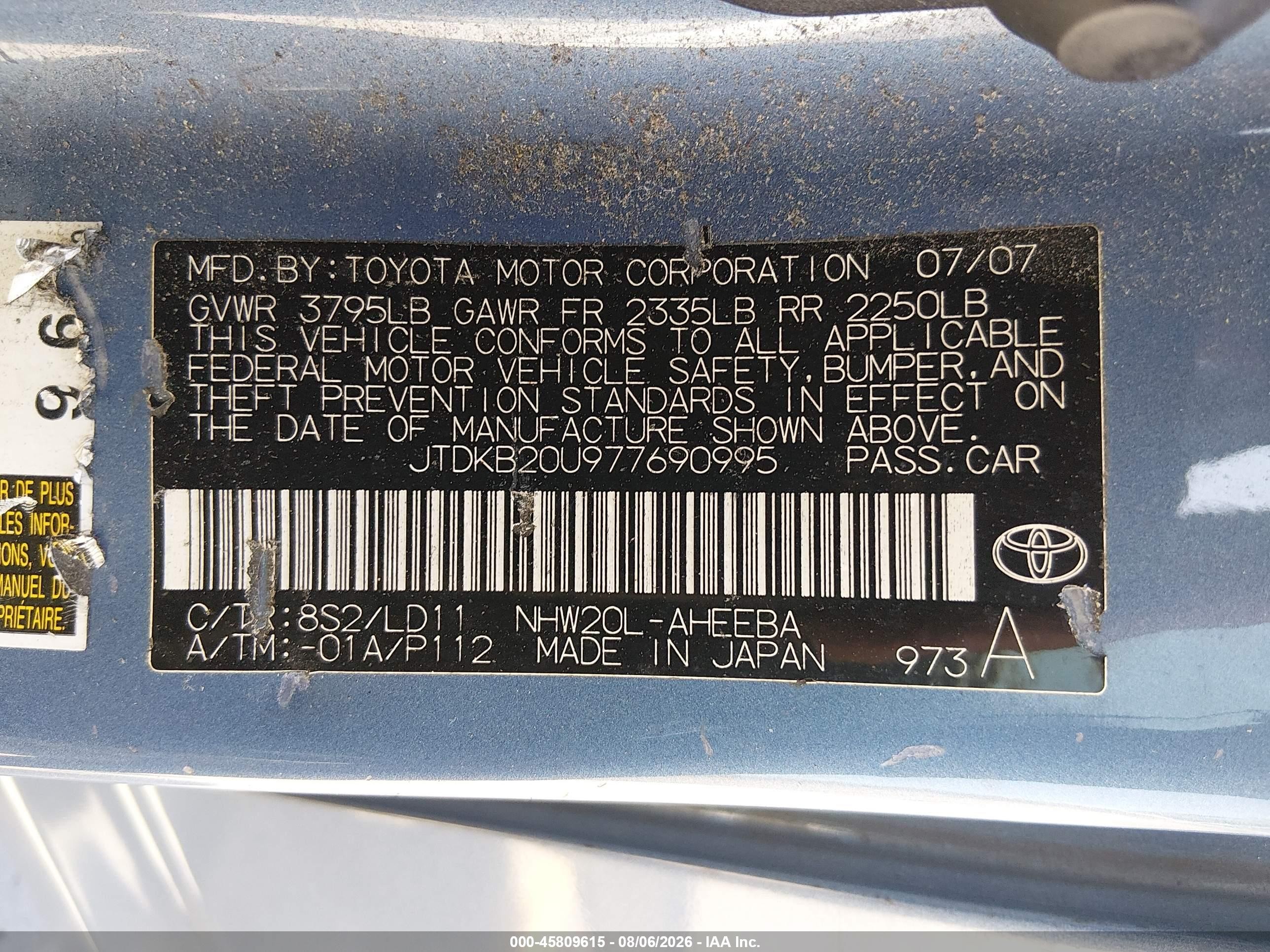 2007 Toyota Prius Touring Blue vin: JTDKB20U977690995