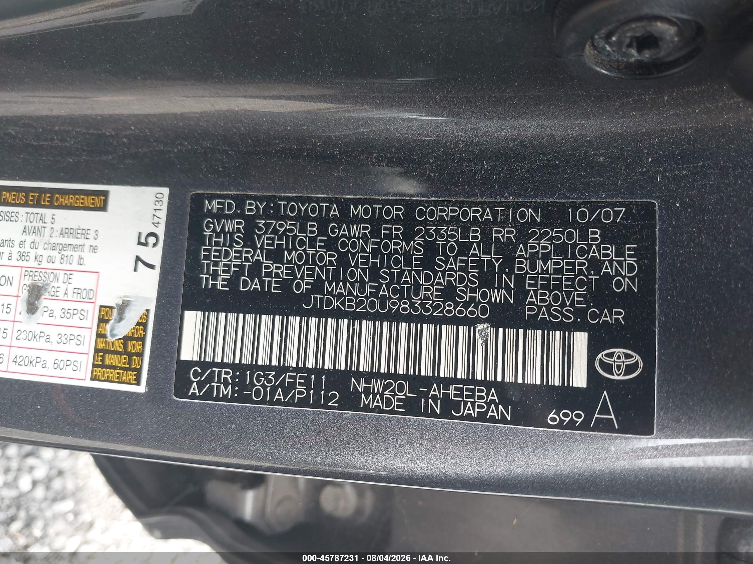 2008 Toyota Prius   Gray vin: JTDKB20U983328660