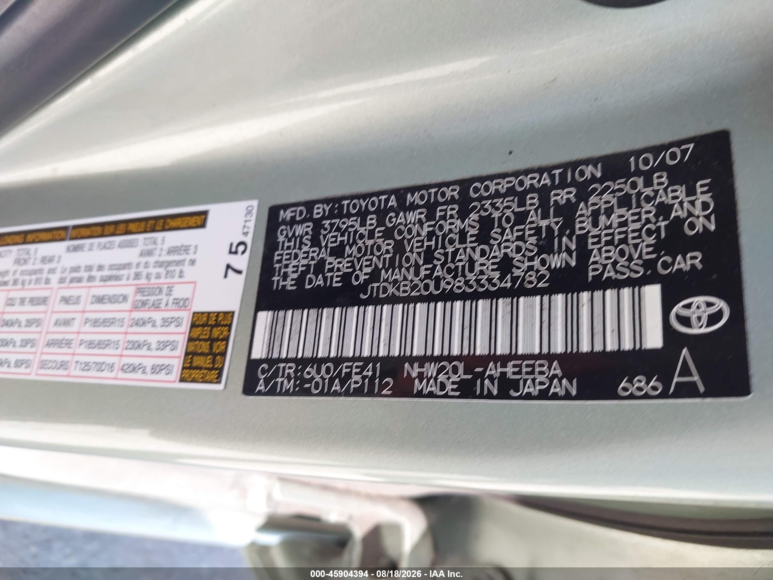 2008 Toyota Prius   Green vin: JTDKB20U983334782