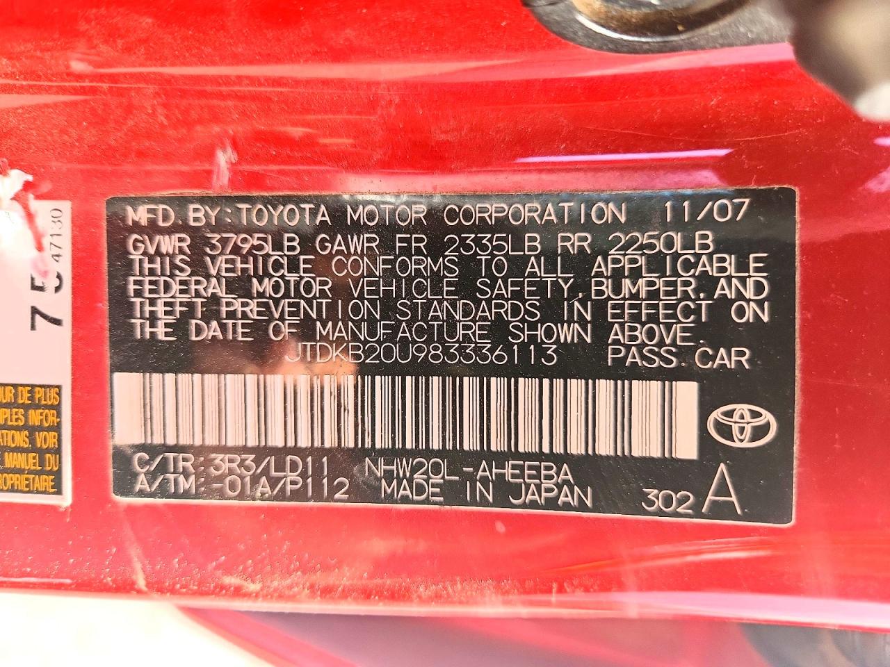 2008 Toyota Prius Base Red vin: JTDKB20U983336113