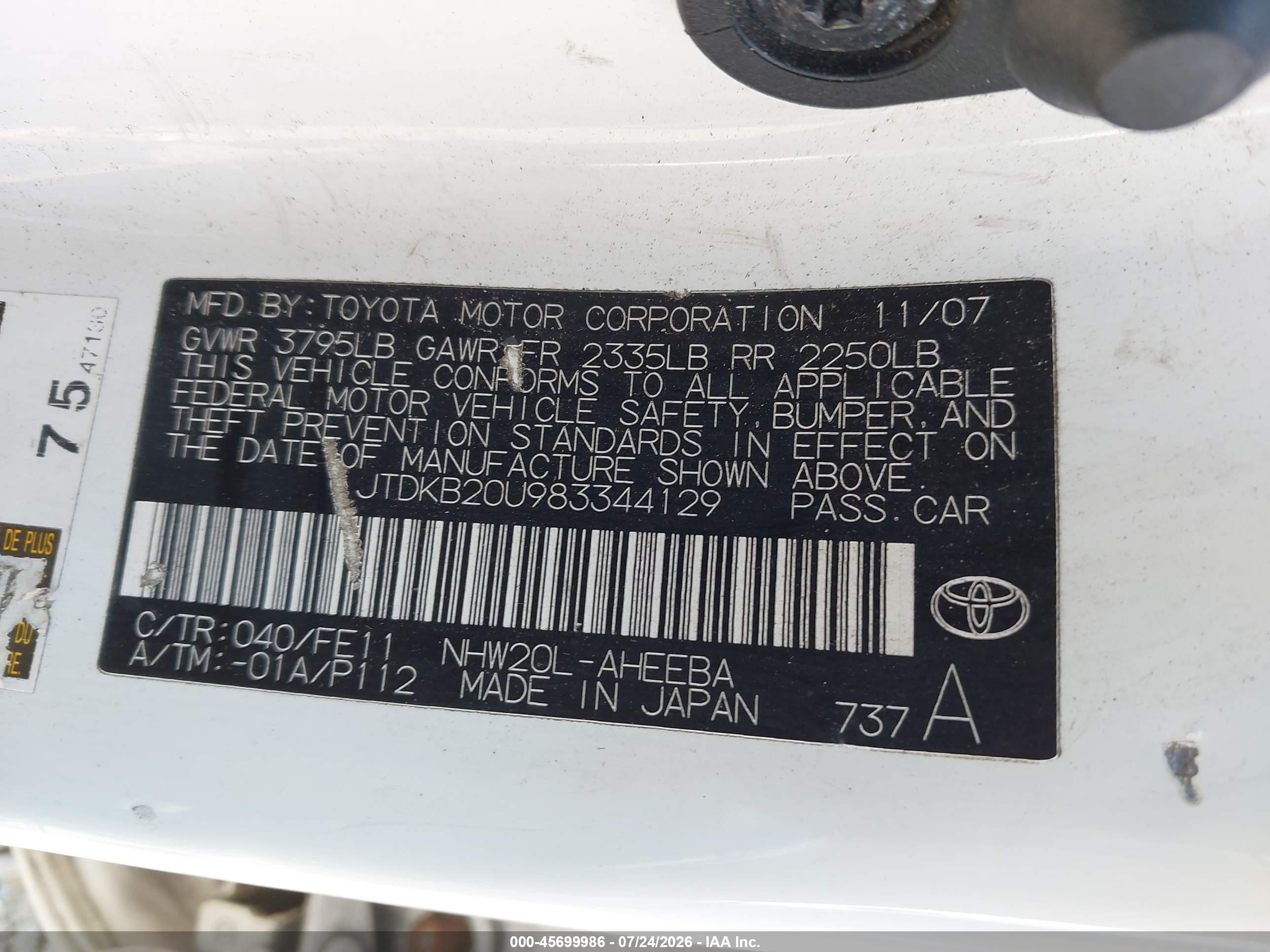 2008 Toyota Prius White vin: JTDKB20U983344129