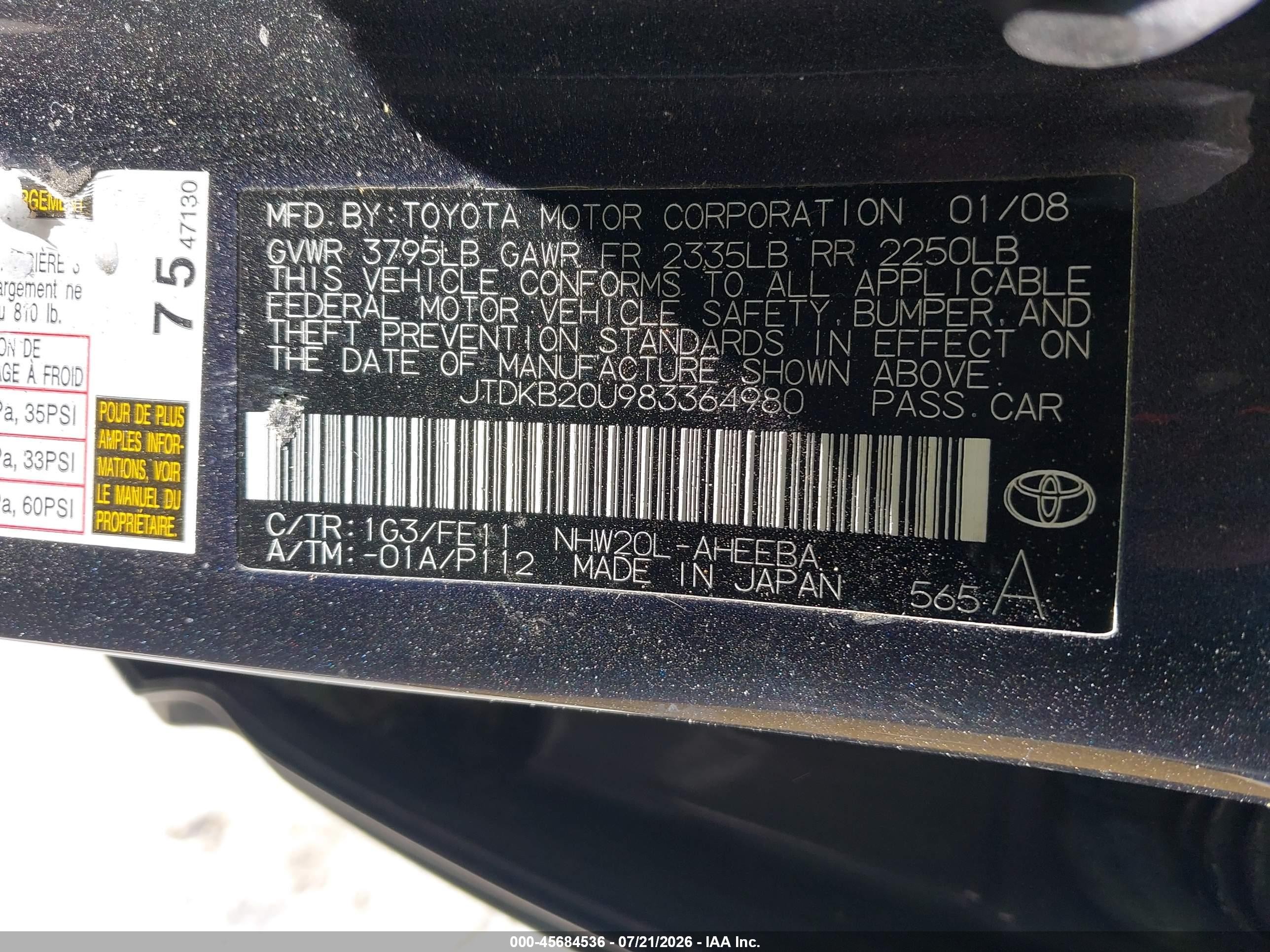 2008 Toyota Prius   Gray vin: JTDKB20U983364980
