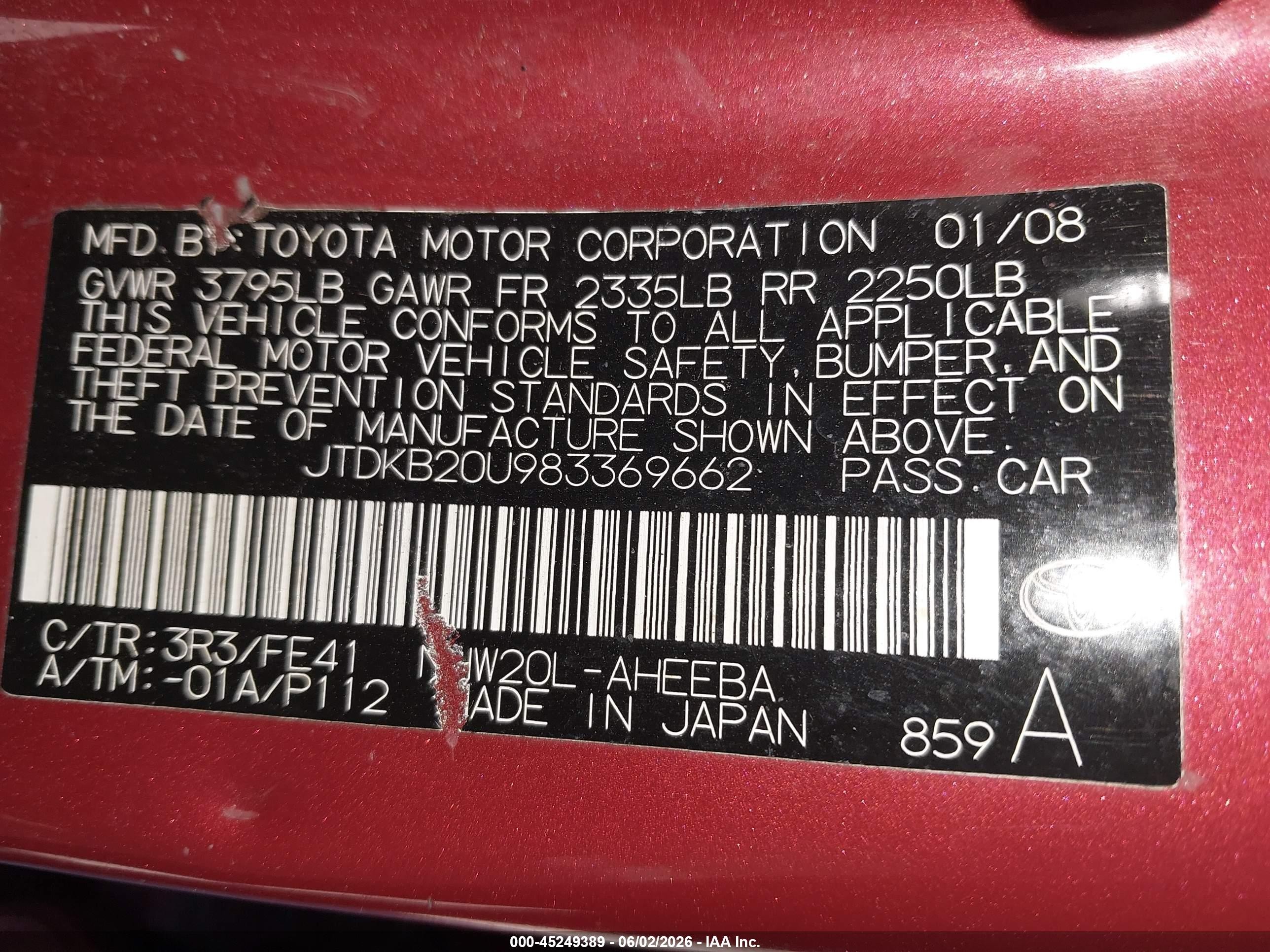 2008 Toyota Prius   Red vin: JTDKB20U983369662