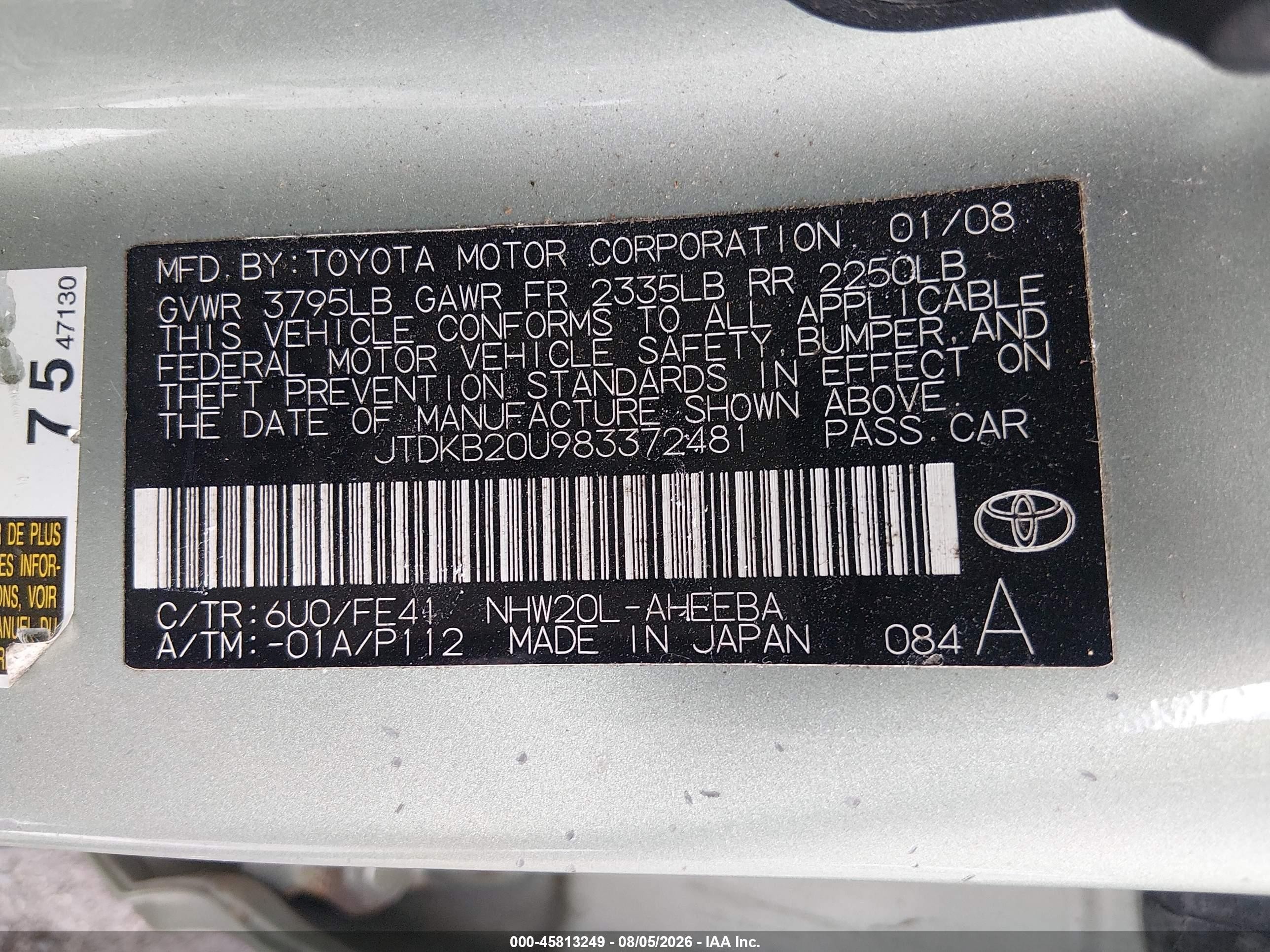 2008 Toyota Prius   Green vin: JTDKB20U983372481