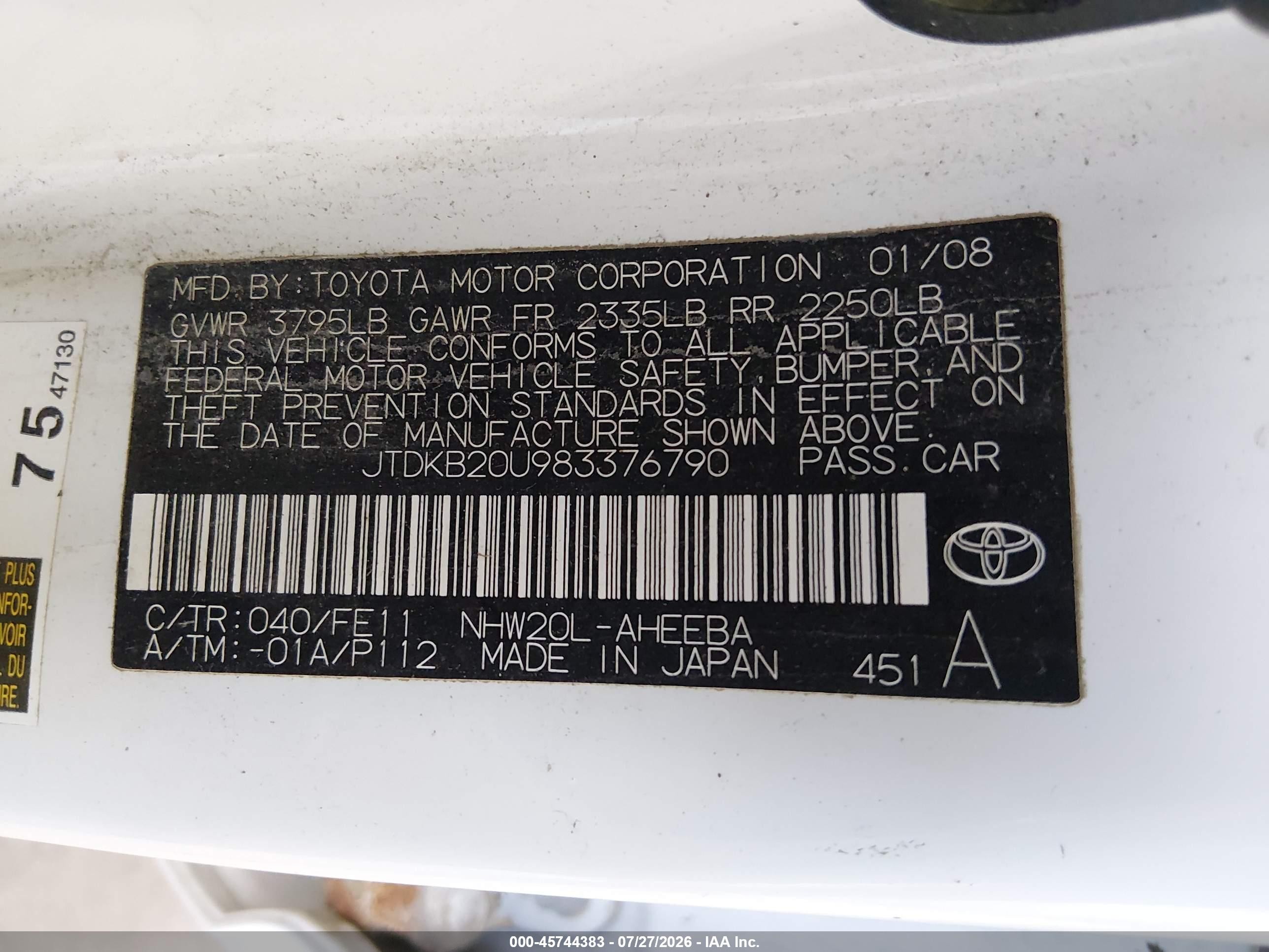 2008 Toyota Prius   White vin: JTDKB20U983376790