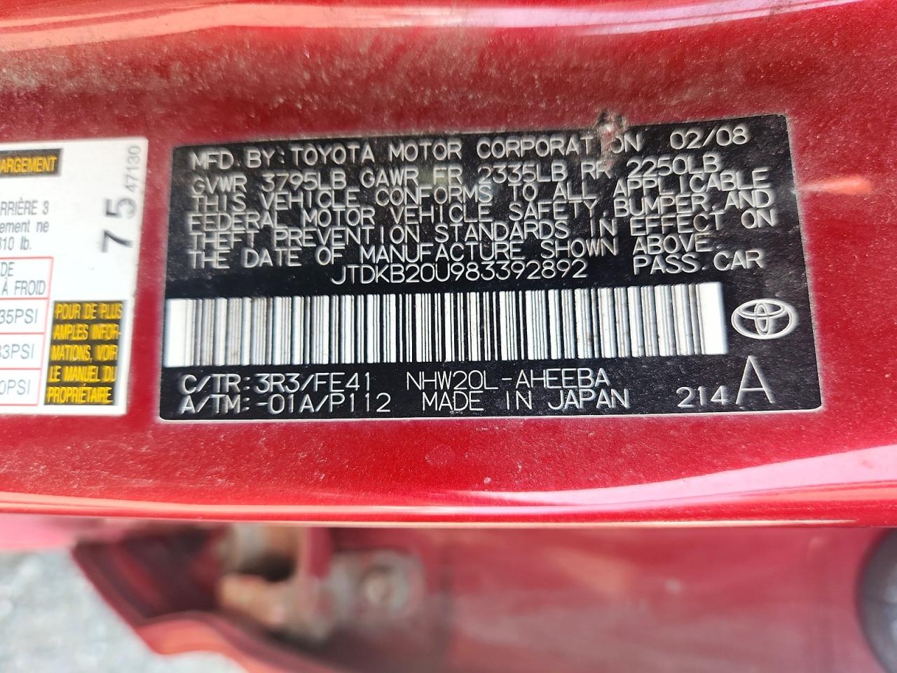 2008 Toyota Prius Base Red vin: JTDKB20U983392892