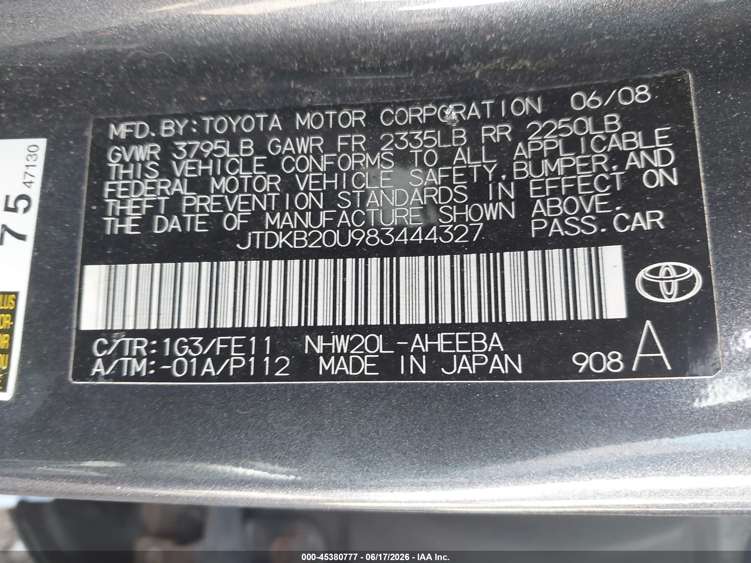2008 Toyota Prius   Gray vin: JTDKB20U983444327
