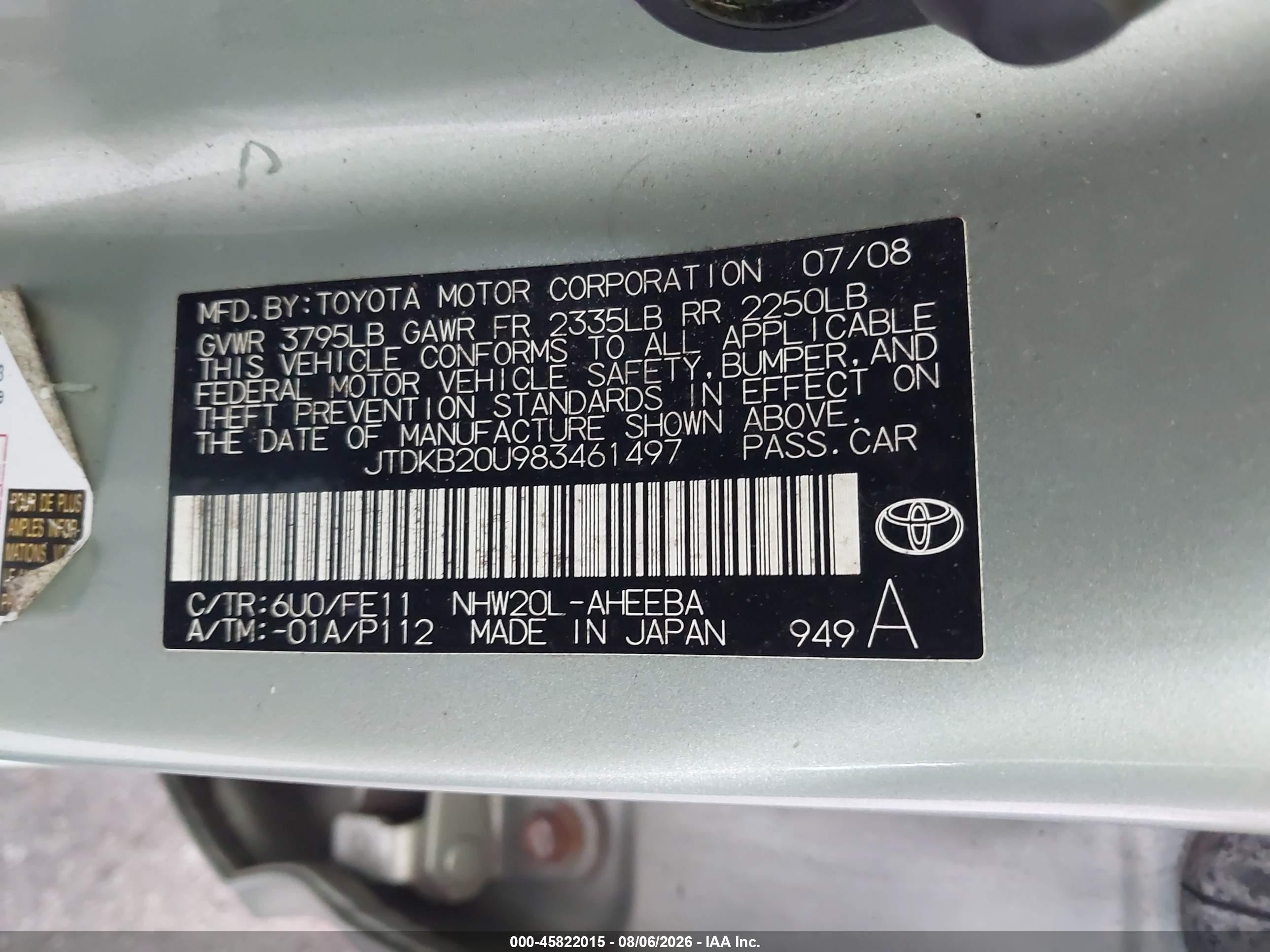 2008 Toyota Prius   Green vin: JTDKB20U983461497