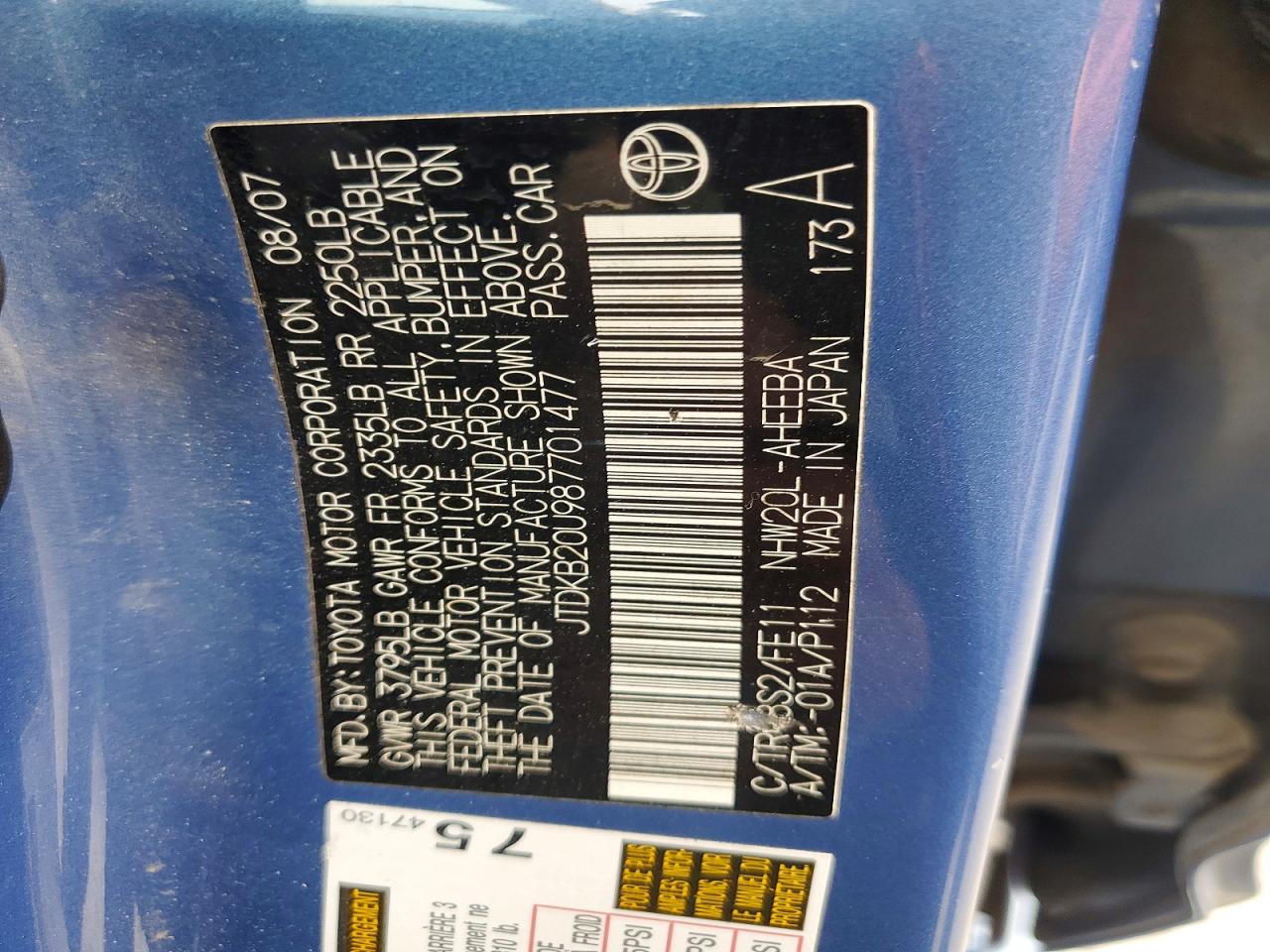 2008 Toyota Prius Base Blue vin: JTDKB20U987701477