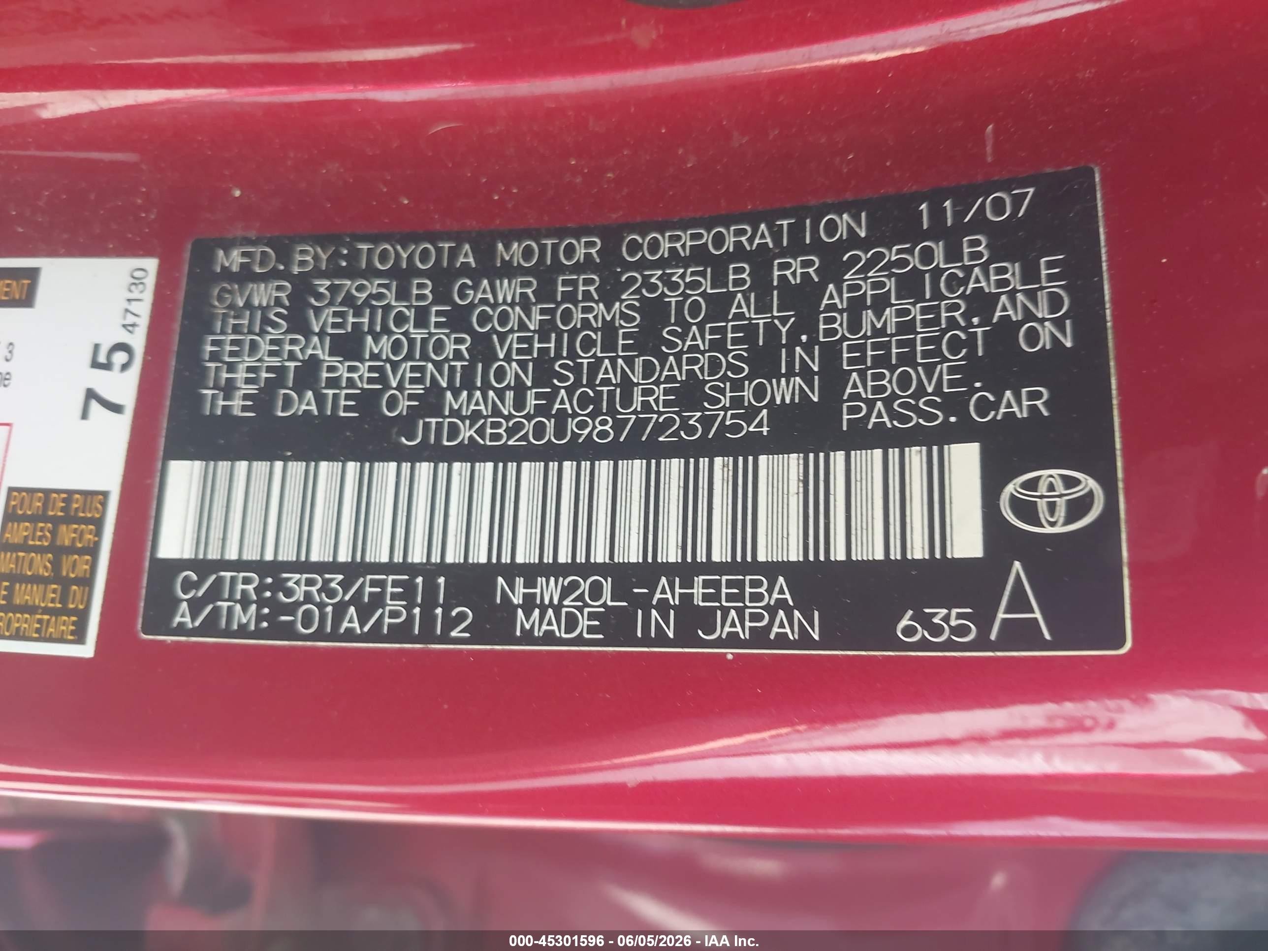 2008 Toyota Prius   Red vin: JTDKB20U987723754