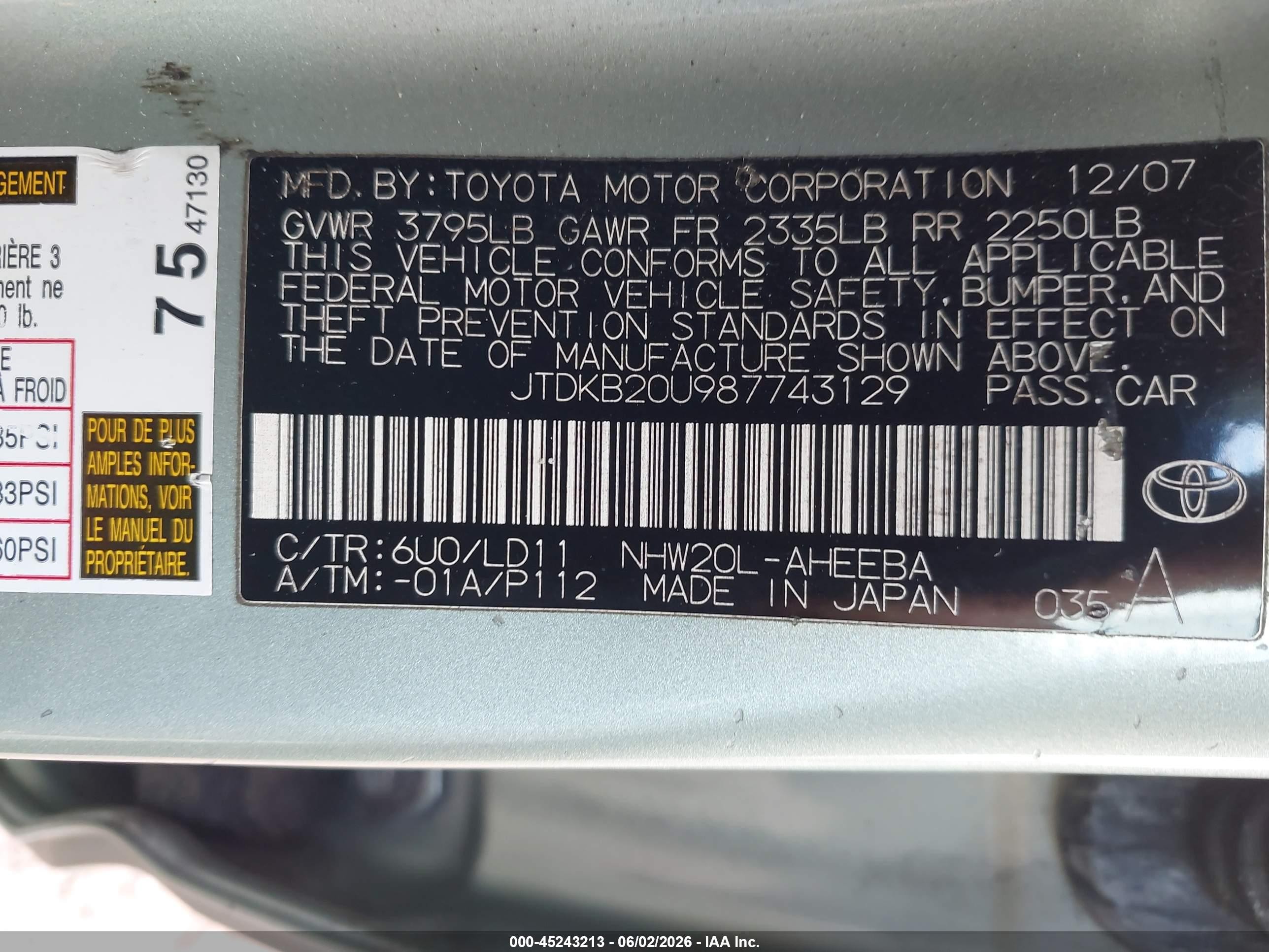 2008 Toyota Prius Standard/touring Green vin: JTDKB20U987743129