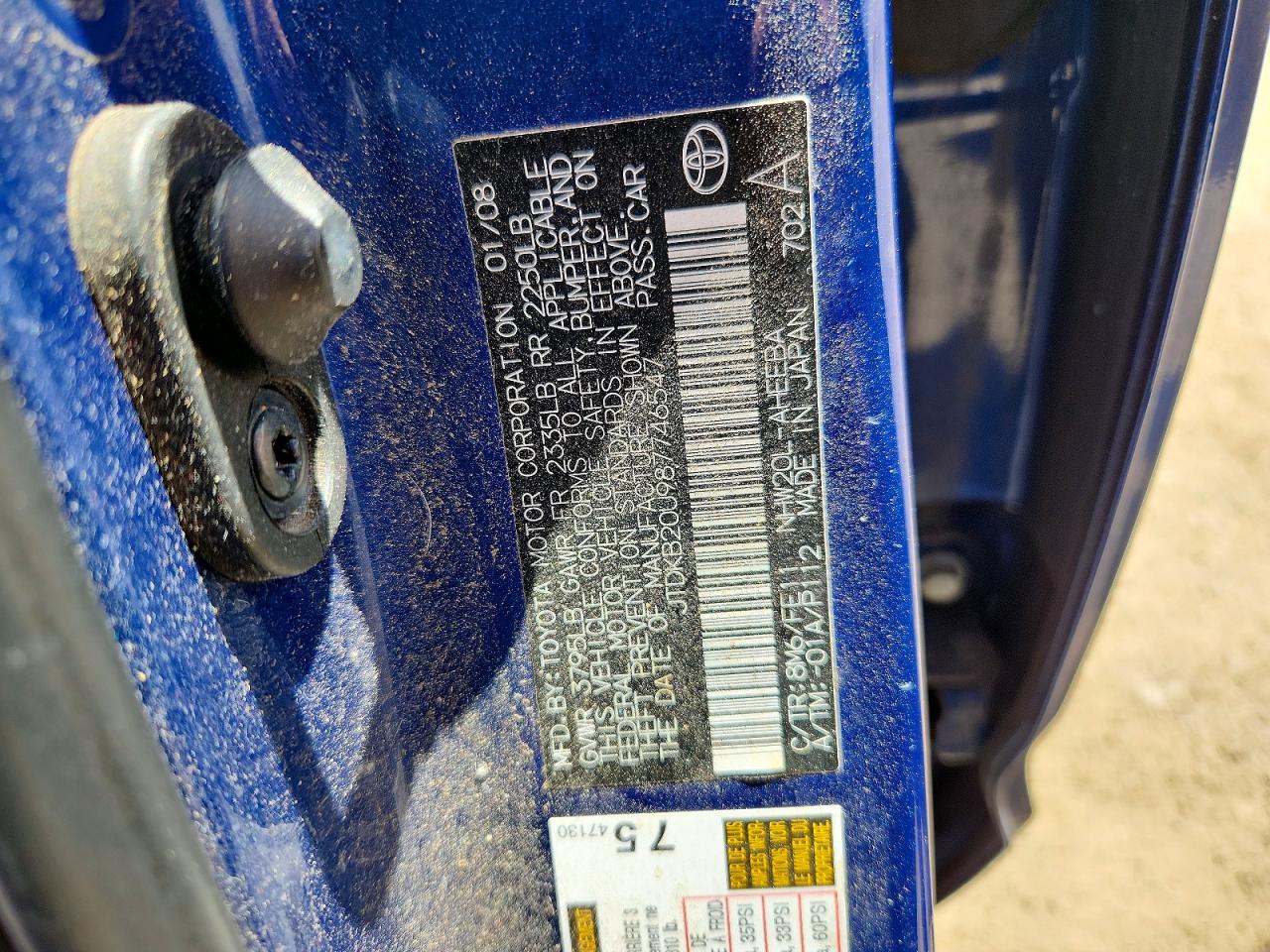 2008 Toyota Prius Base Blue vin: JTDKB20U987746547