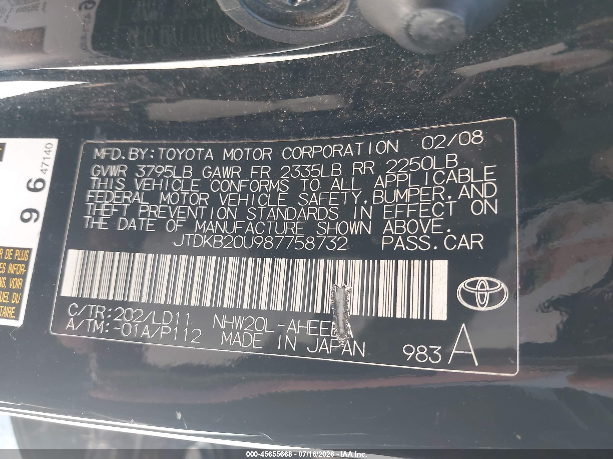 2008 Toyota Prius Touring Black vin: JTDKB20U987758732