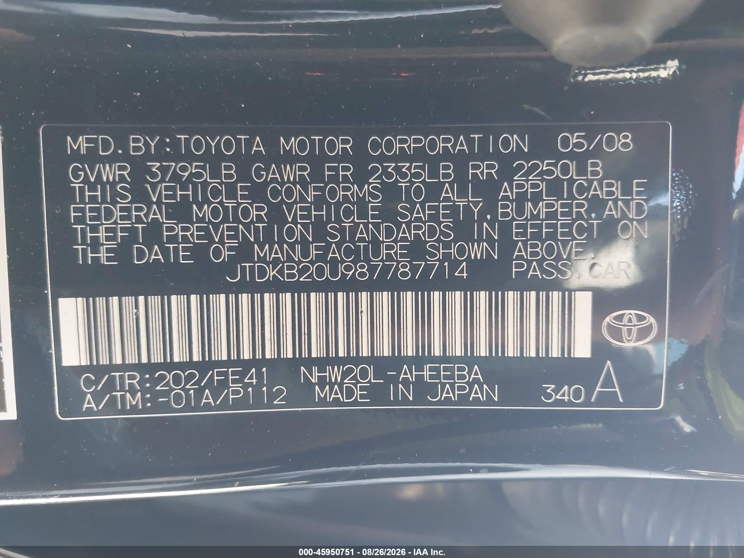 2008 Toyota Prius   Black vin: JTDKB20U987787714