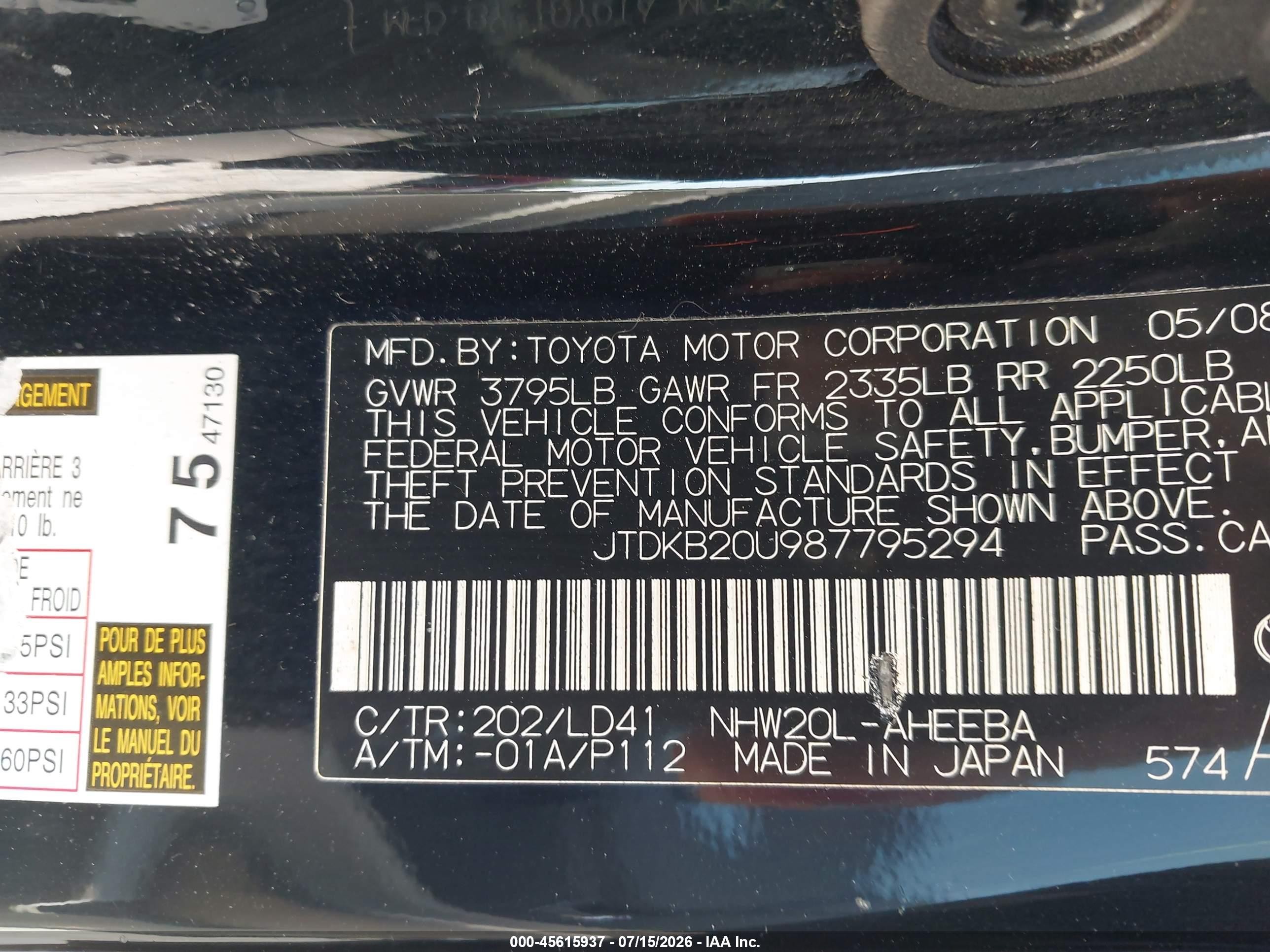 2008 Toyota Prius   Black vin: JTDKB20U987795294