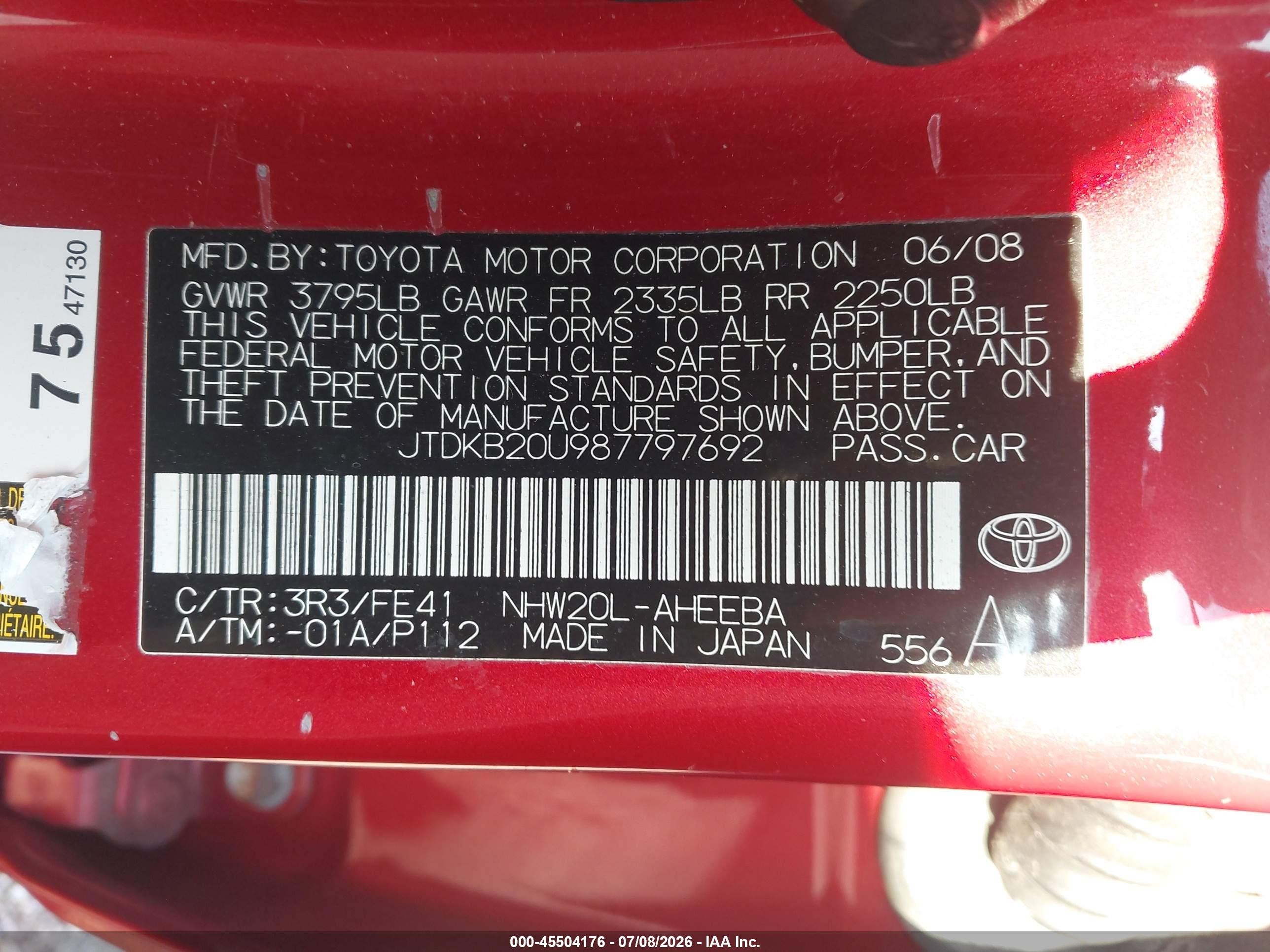 2008 Toyota Prius   Red vin: JTDKB20U987797692