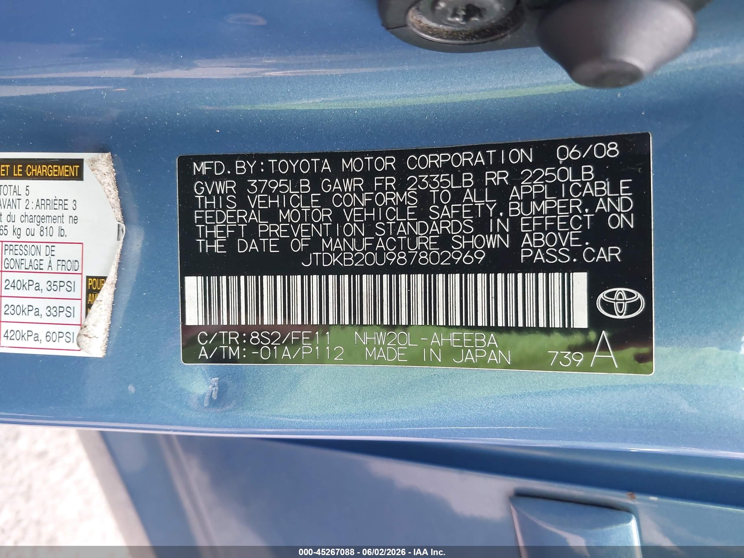 2008 Toyota Prius   Blue vin: JTDKB20U987802969