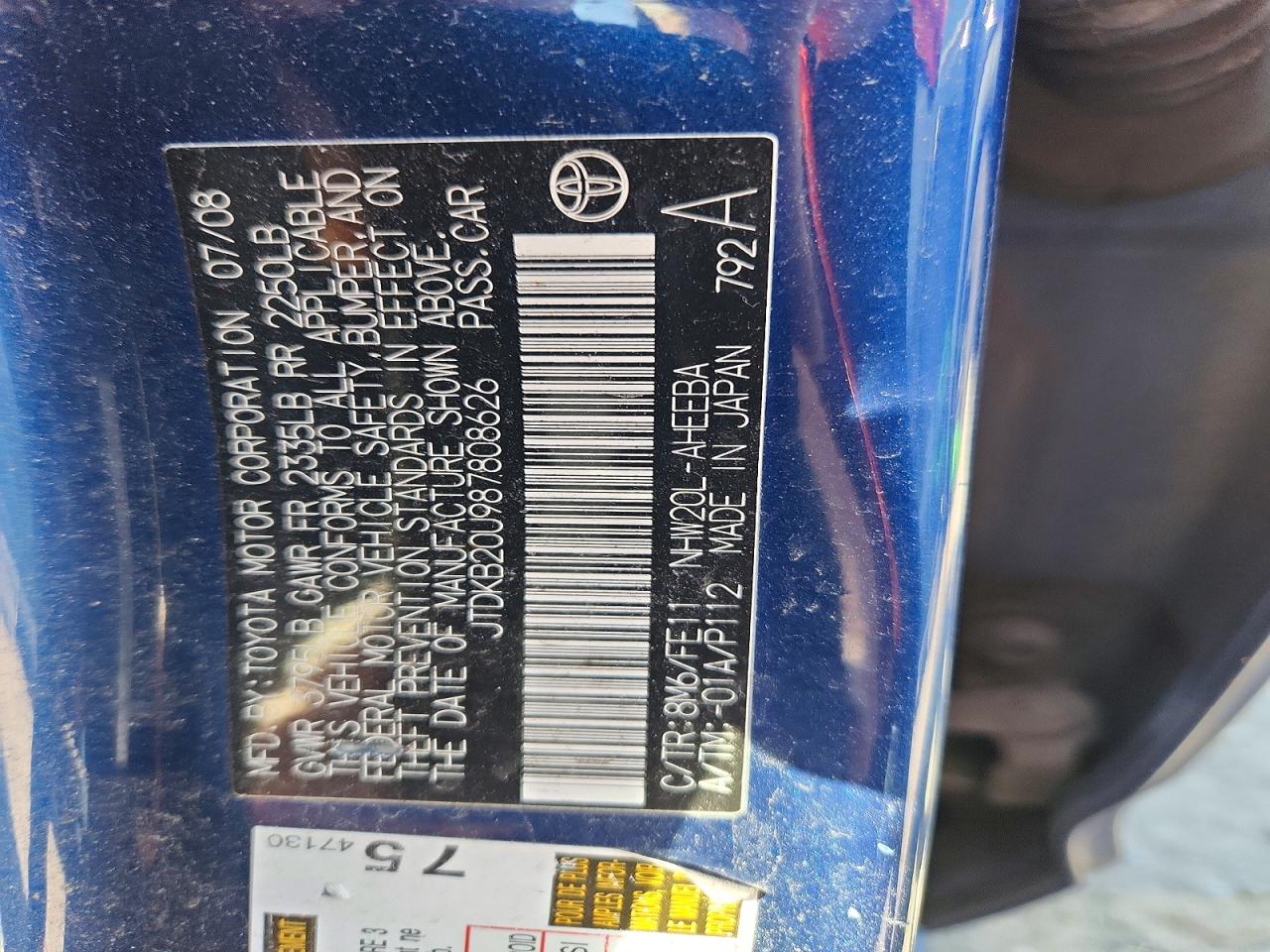 2008 Toyota Prius Base Blue vin: JTDKB20U987808626