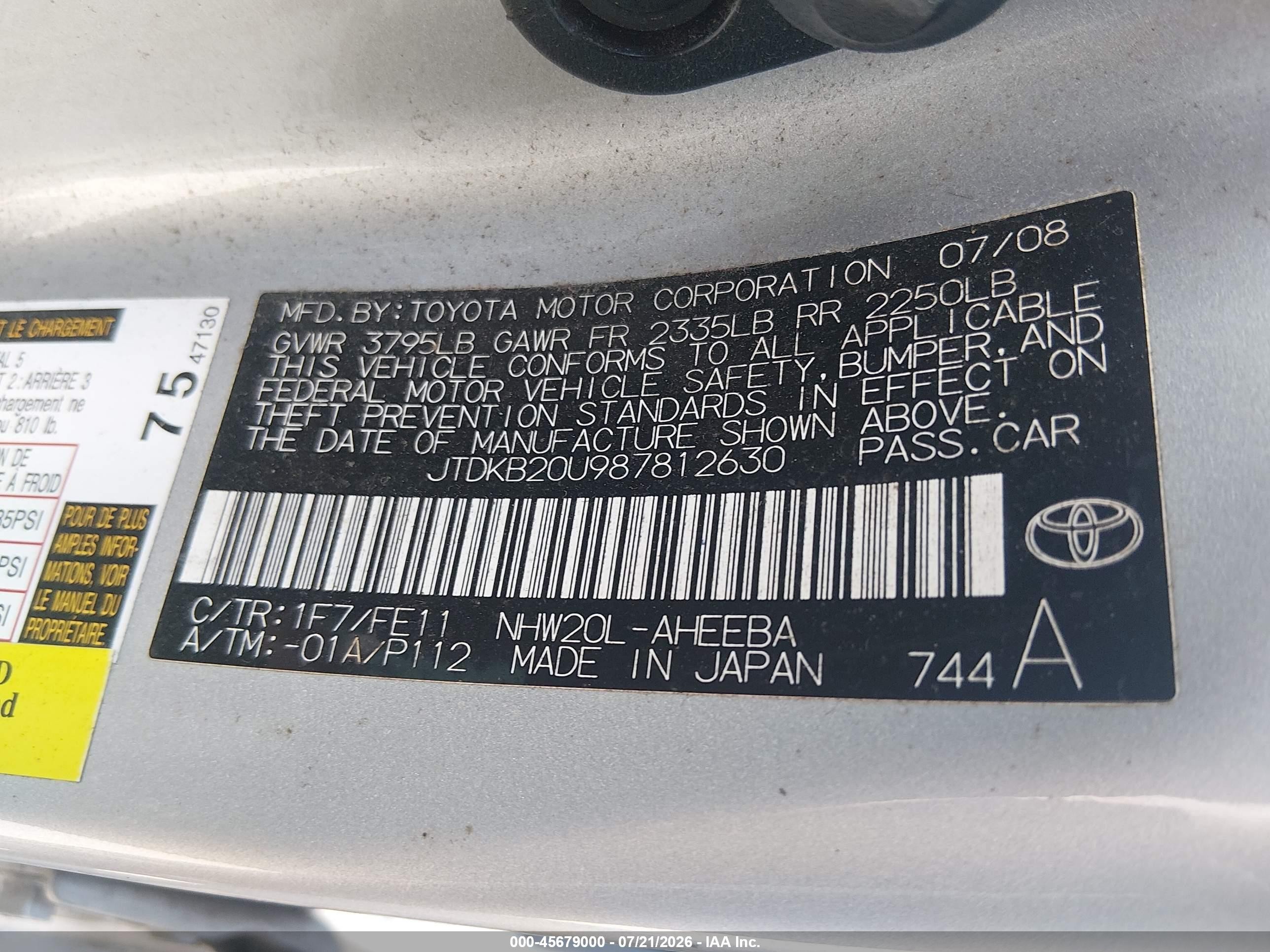 2008 Toyota Prius   Silver vin: JTDKB20U987812630