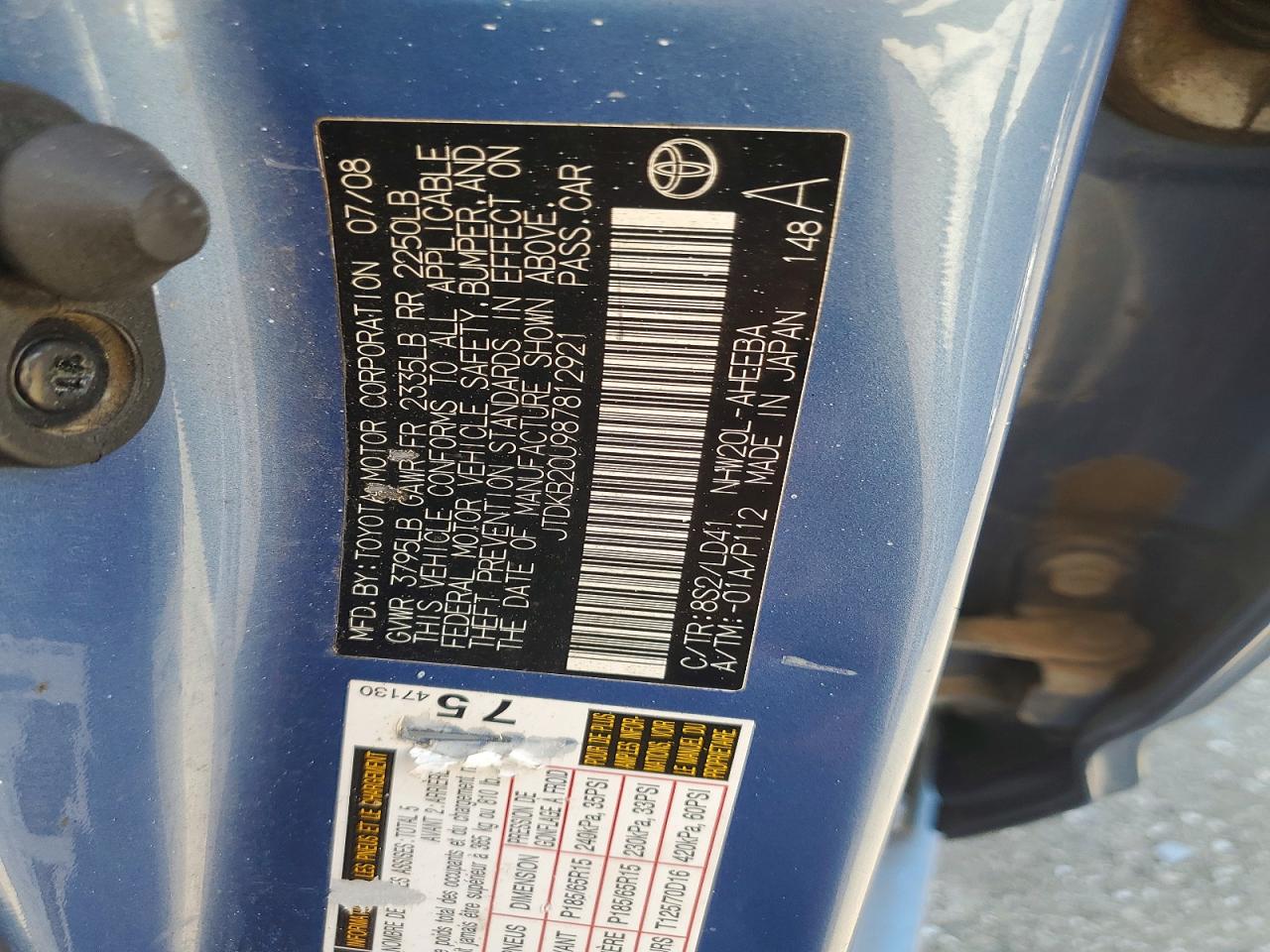 2008 Toyota Prius Base Blue vin: JTDKB20U987812921