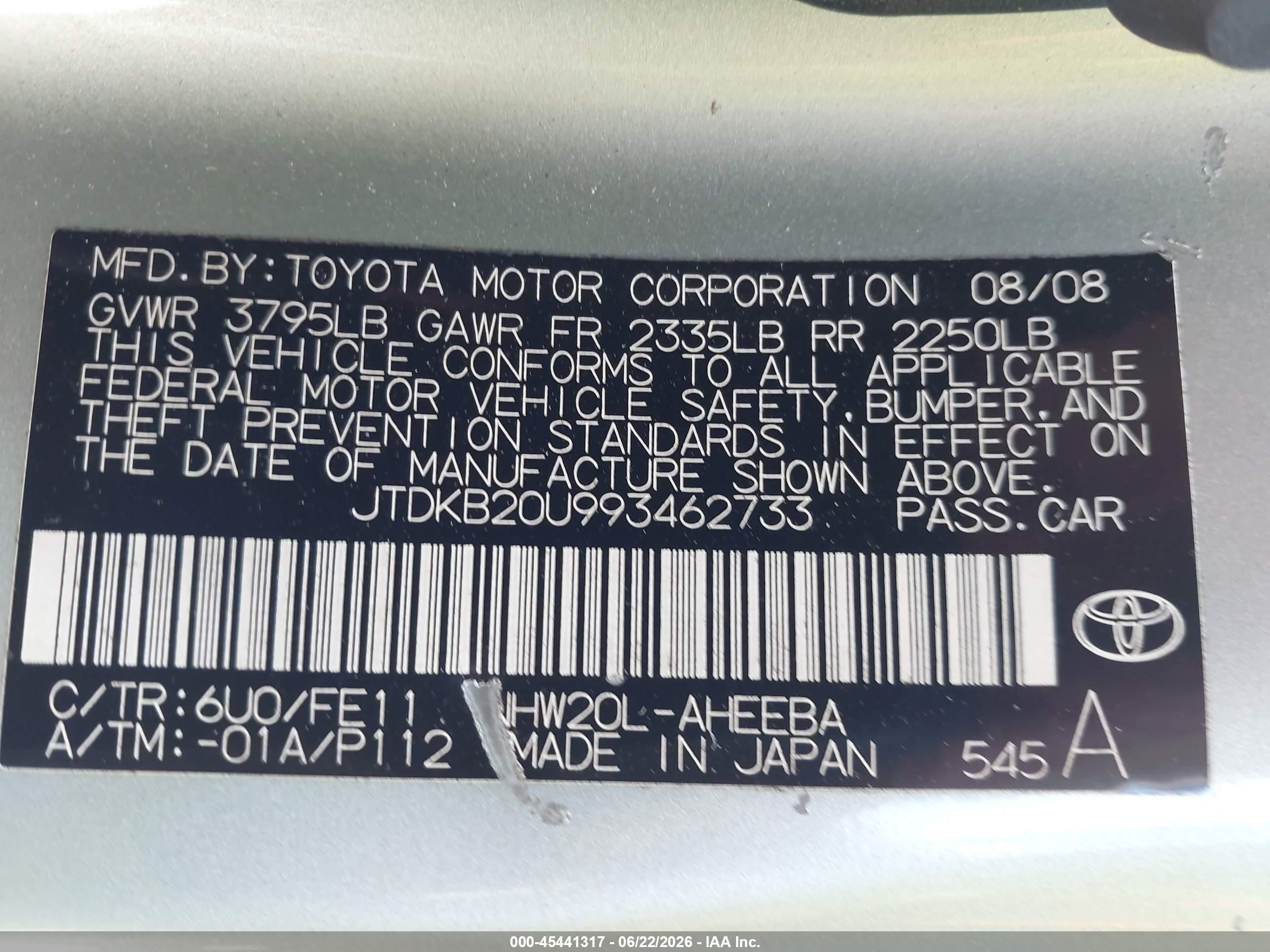 2009 Toyota Prius   Green vin: JTDKB20U993462733