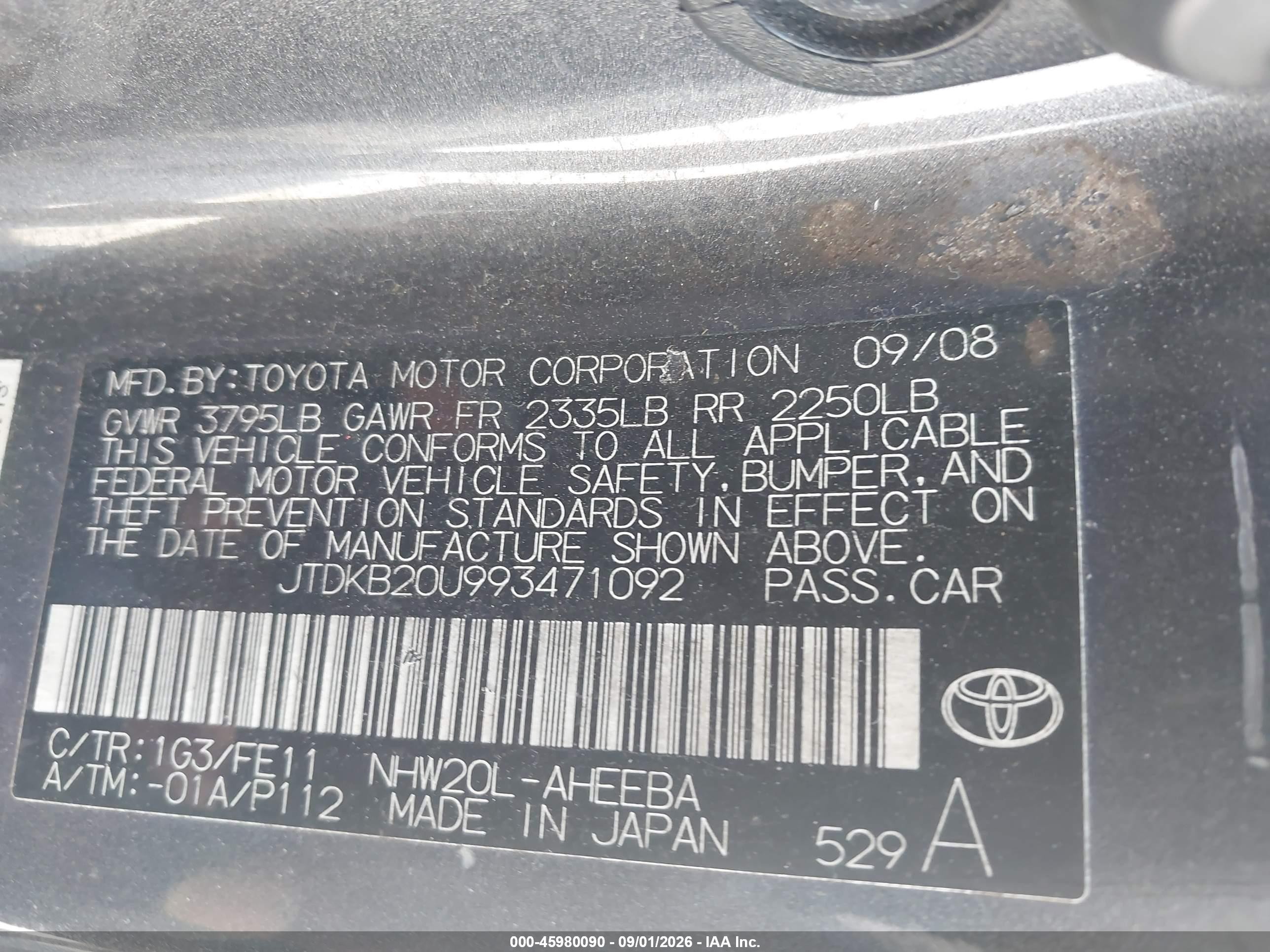 2009 Toyota Prius   Gray vin: JTDKB20U993471092