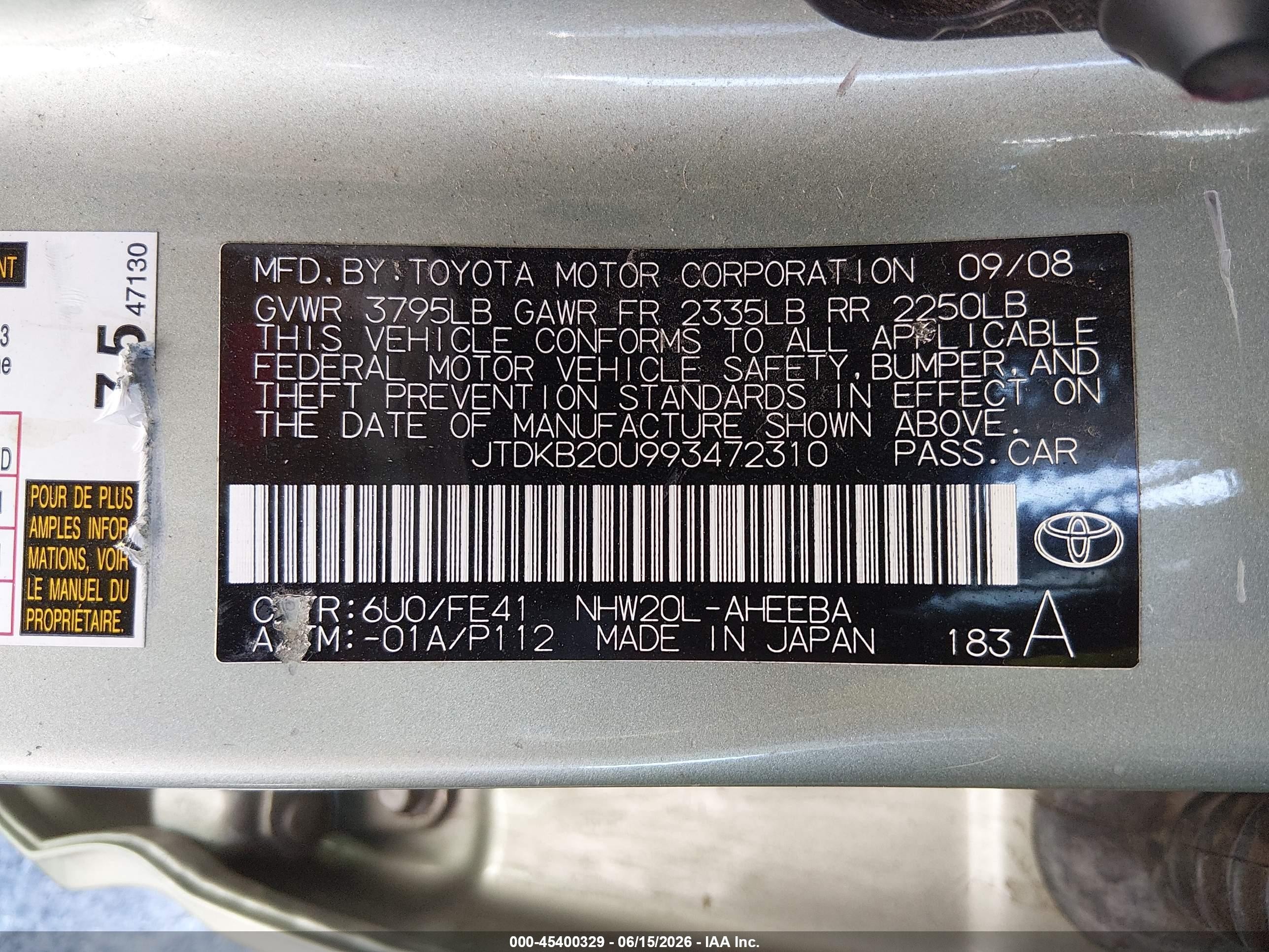 2009 Toyota Prius   Green vin: JTDKB20U993472310