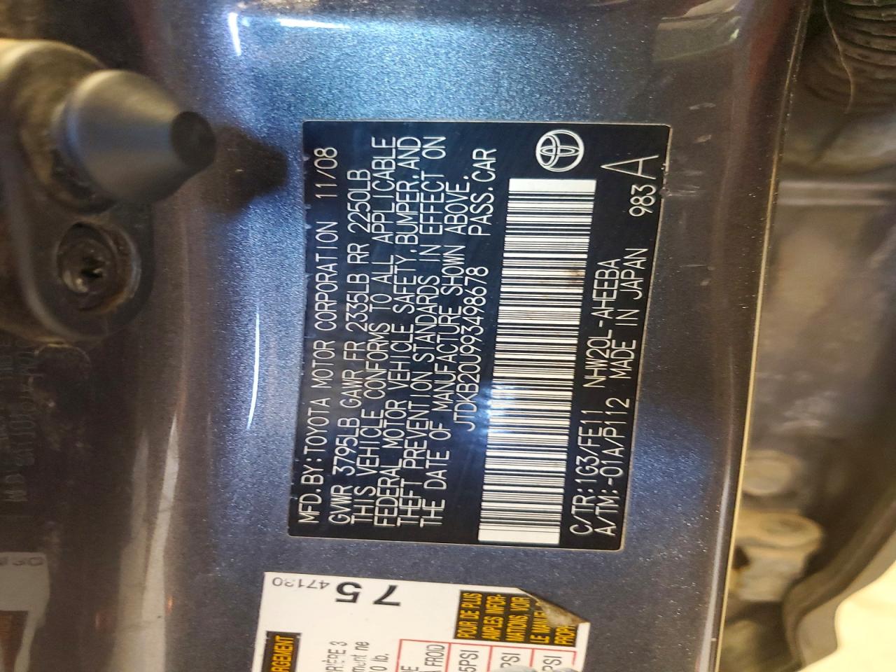 2009 Toyota Prius Base Gray vin: JTDKB20U993498678