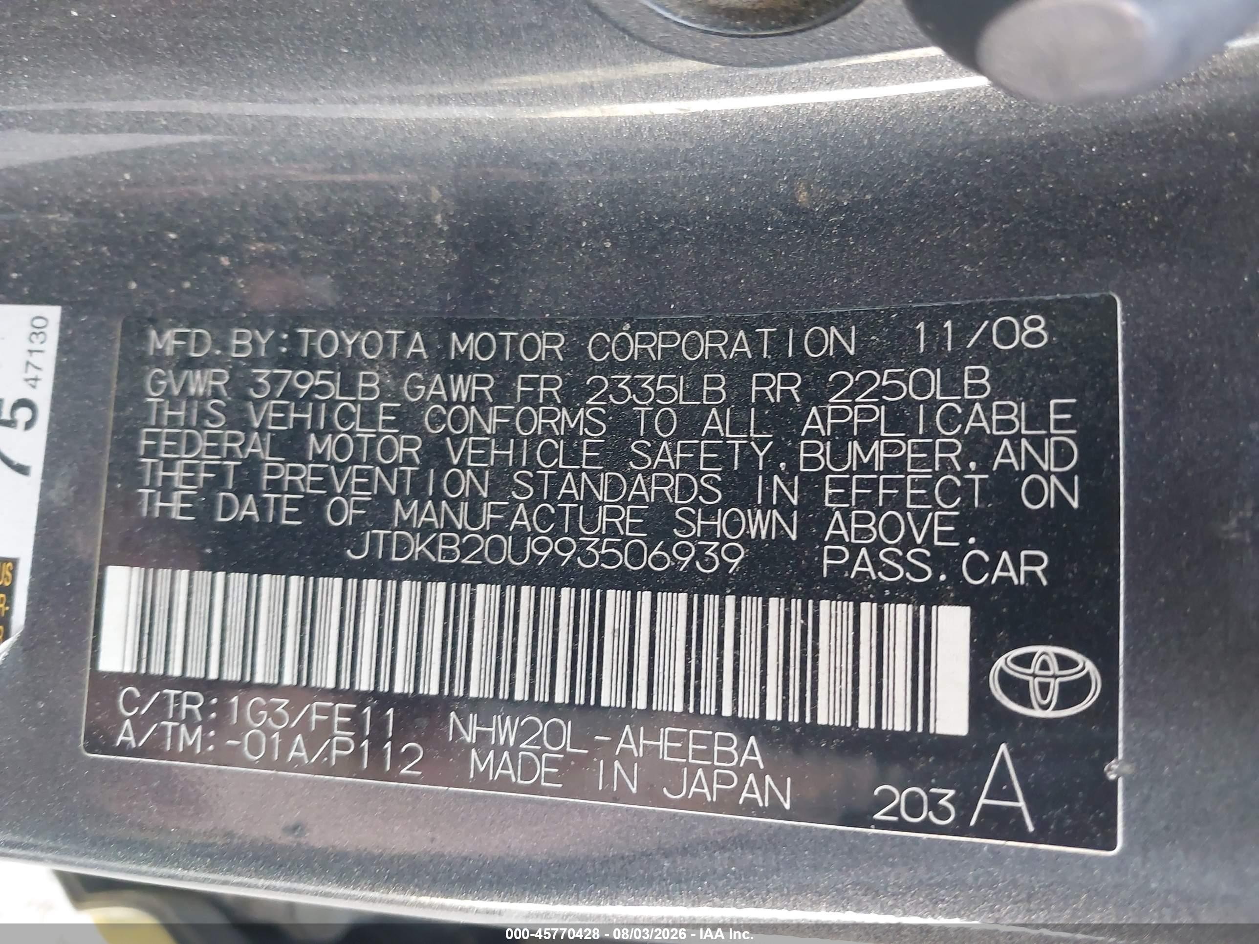 2009 Toyota Prius   Желтый vin: JTDKB20U993506939
