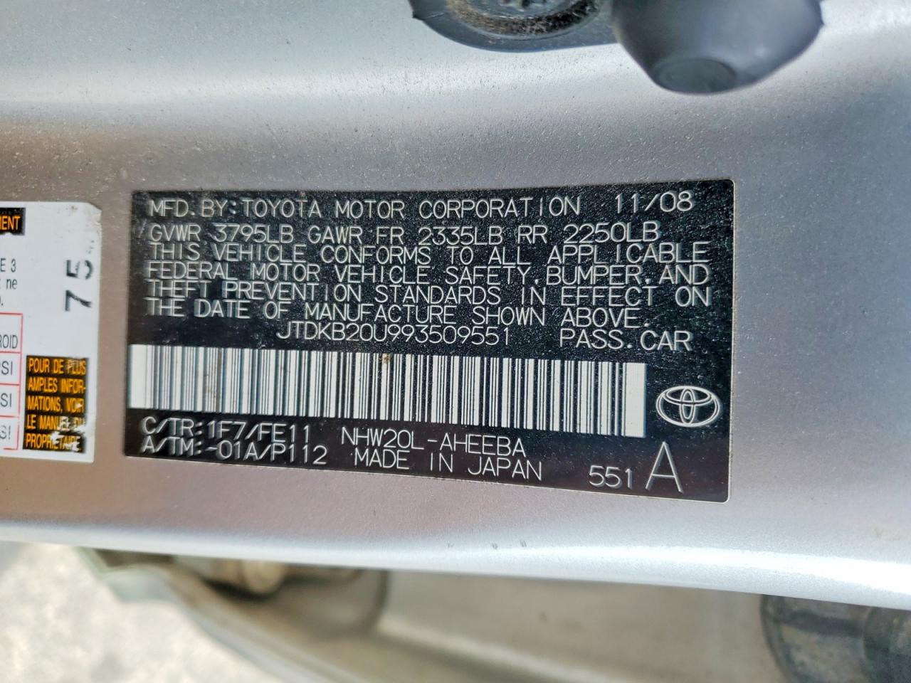 2009 Toyota Prius Base Silver vin: JTDKB20U993509551