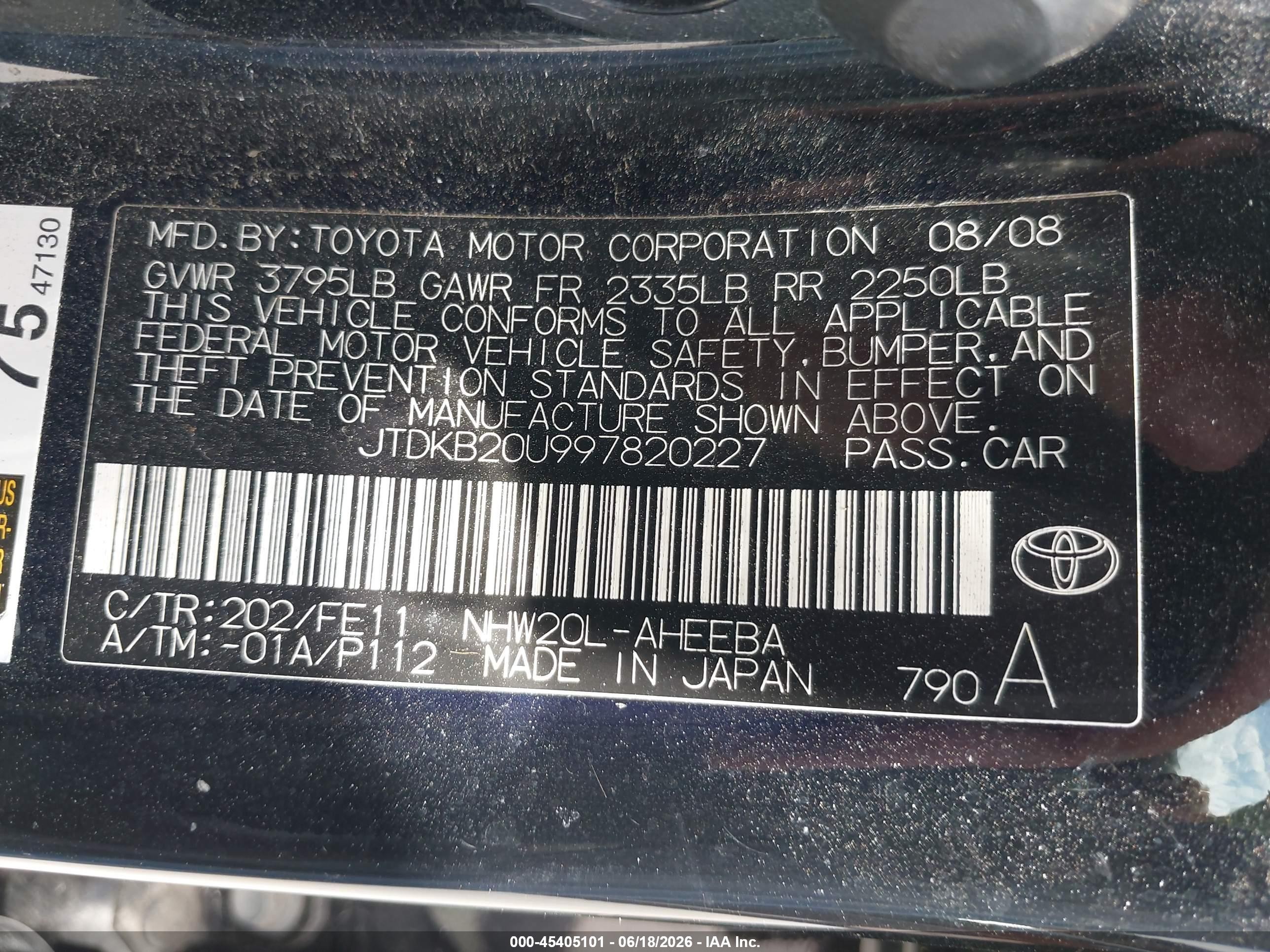2009 Toyota Prius Black vin: JTDKB20U997820227