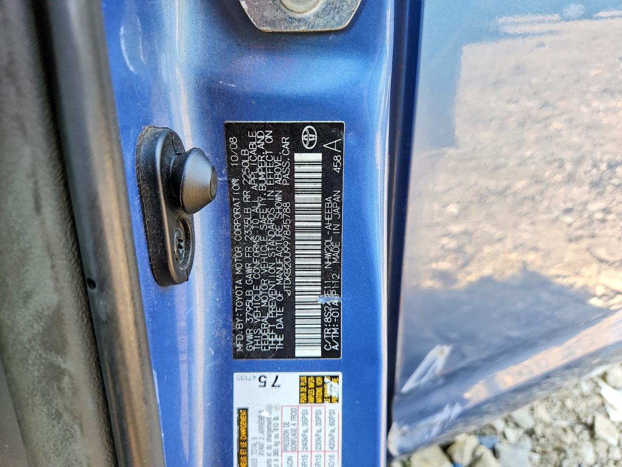 2009 Toyota Prius Base Blue vin: JTDKB20U997845788
