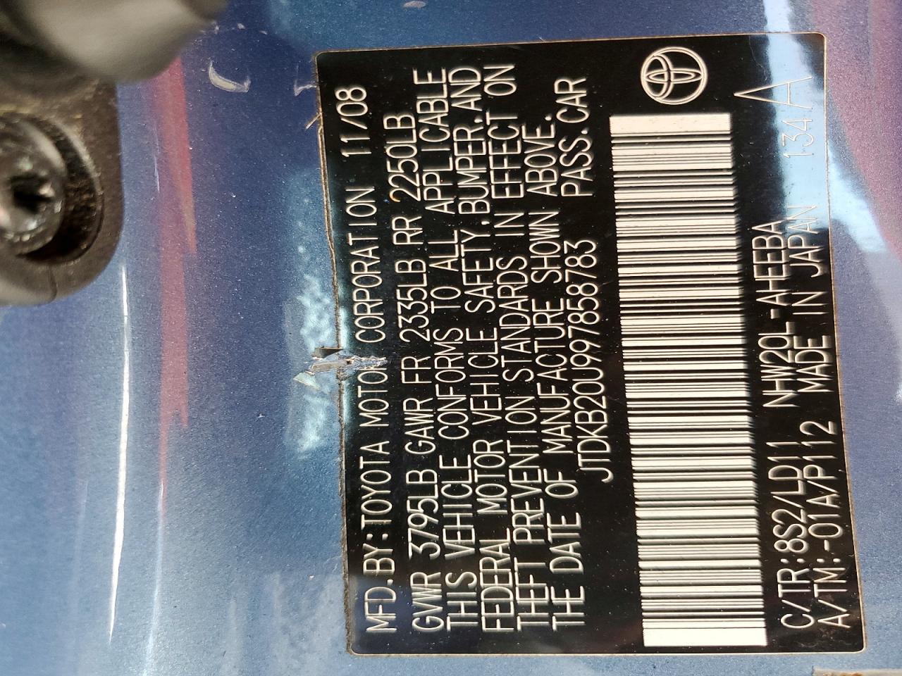 2009 Toyota Prius Base Blue vin: JTDKB20U997858783