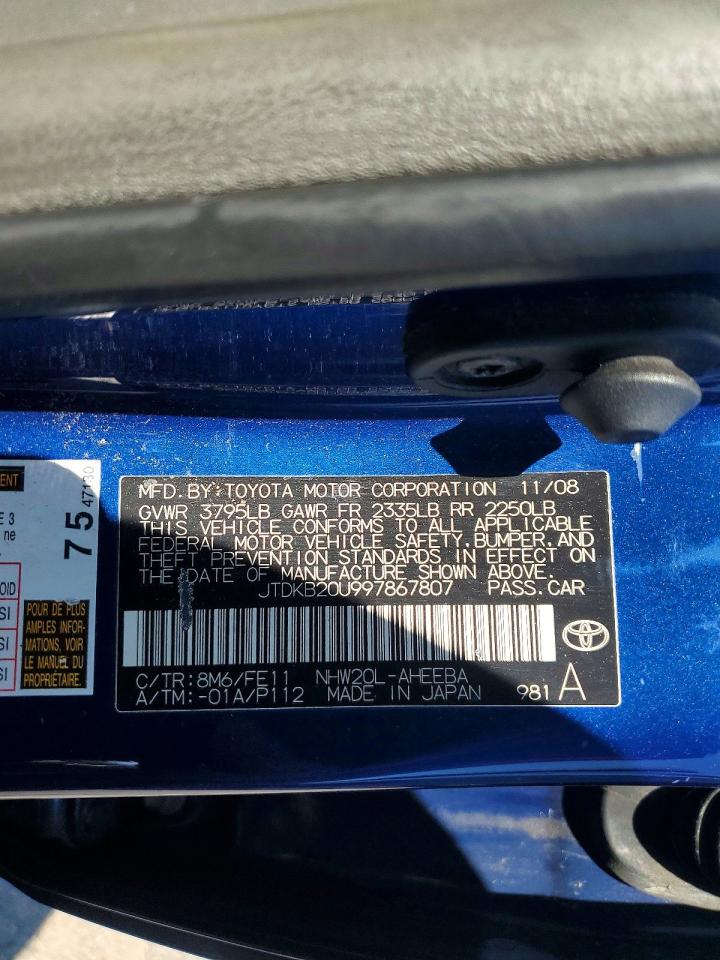 2009 Toyota Prius Base Blue vin: JTDKB20U997867807