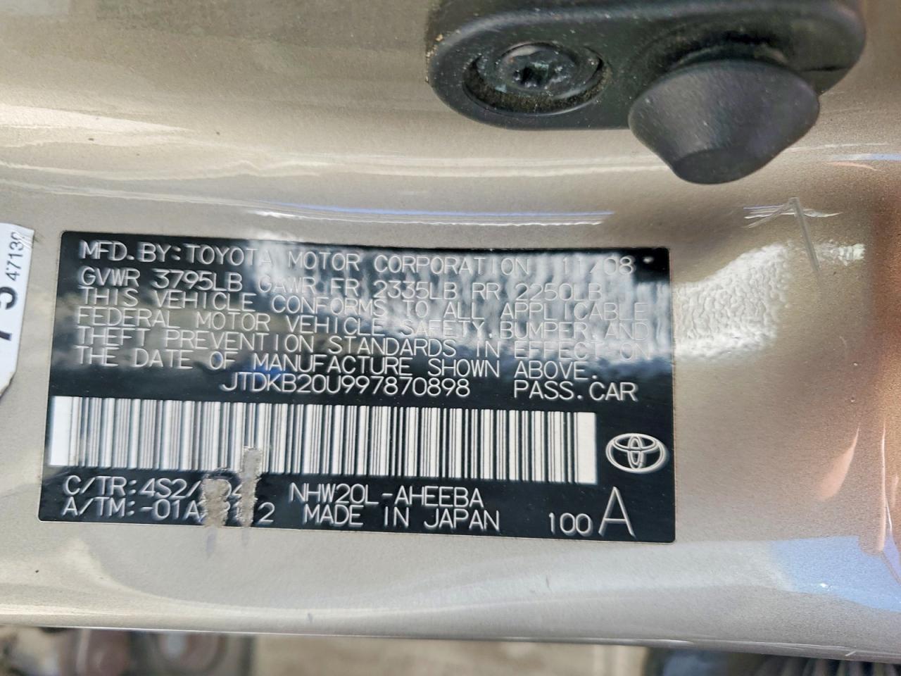 2009 Toyota Prius Base Gold vin: JTDKB20U997870898