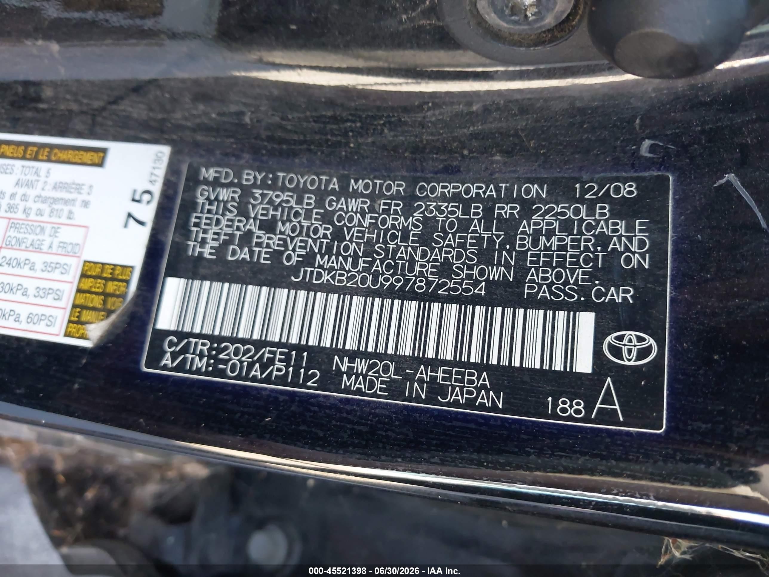 2009 Toyota Prius   Black vin: JTDKB20U997872554