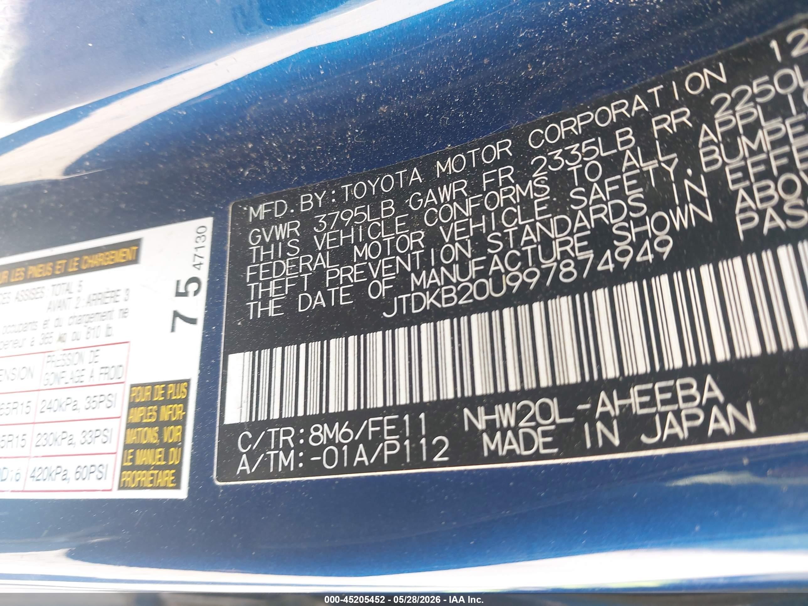 2009 Toyota Prius   Blue vin: JTDKB20U997874949