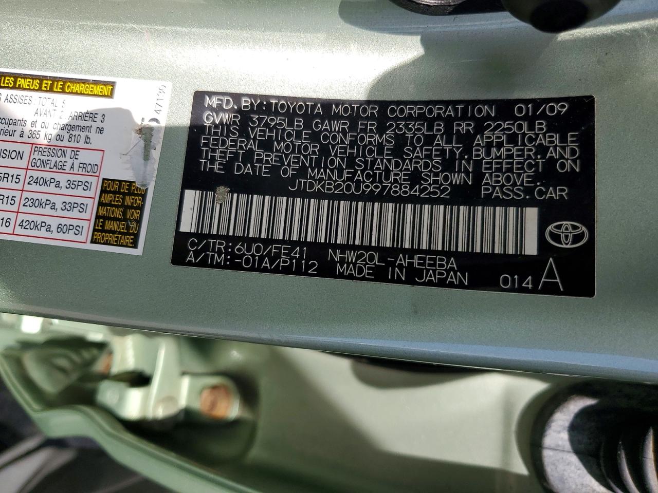 2009 Toyota Prius Base Green vin: JTDKB20U997884252